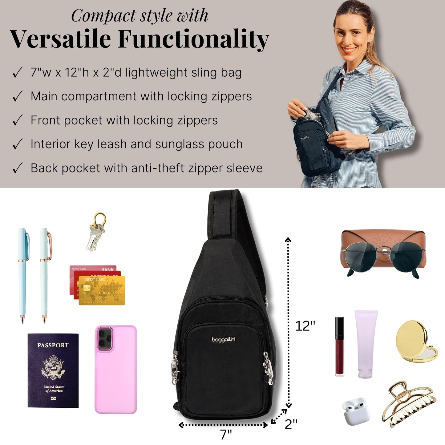 Baggallini Anti-Theft Daytripper Sling 7x12 Crossbody Bag Travel Safe