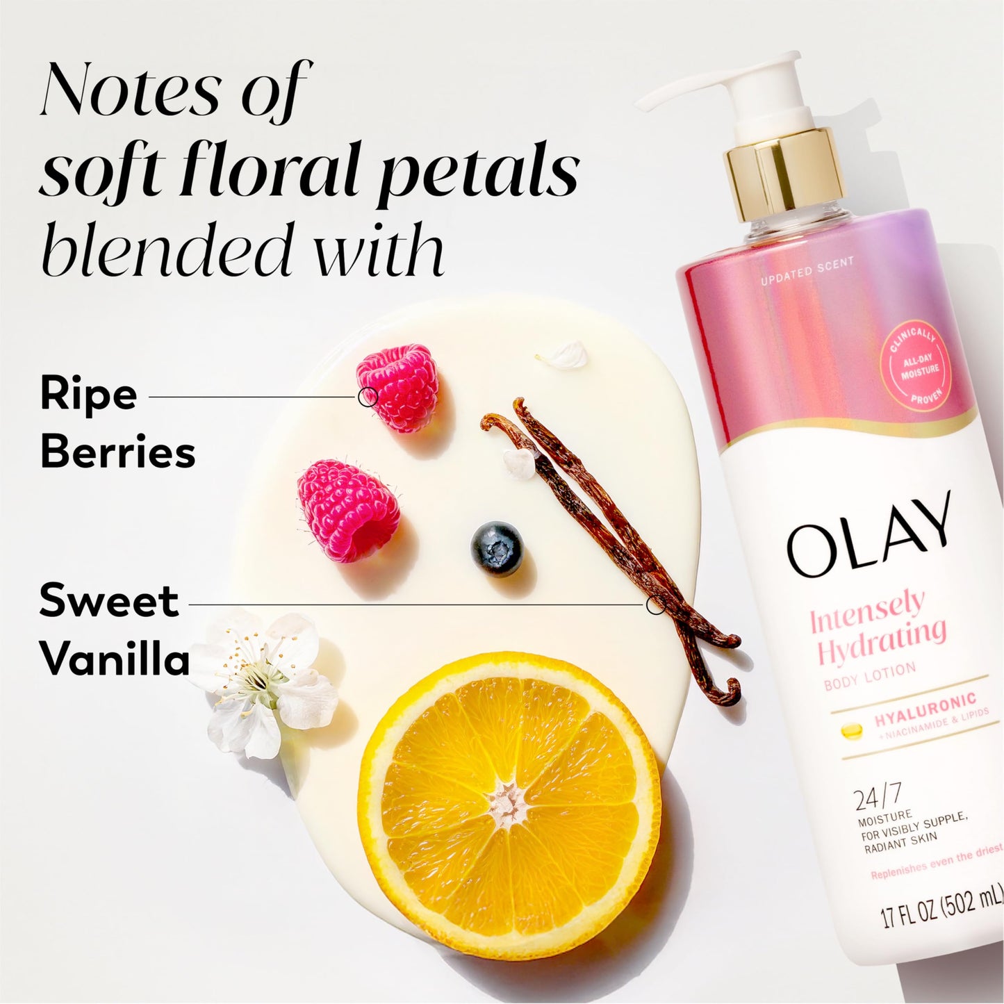 Olay Body Lotion for Women, Nourishing with Hyaluronic Acid Serum, Visibly Soften & Smooth Skin, 24hr Moisture & Hydration, Fast Absorbing Formula