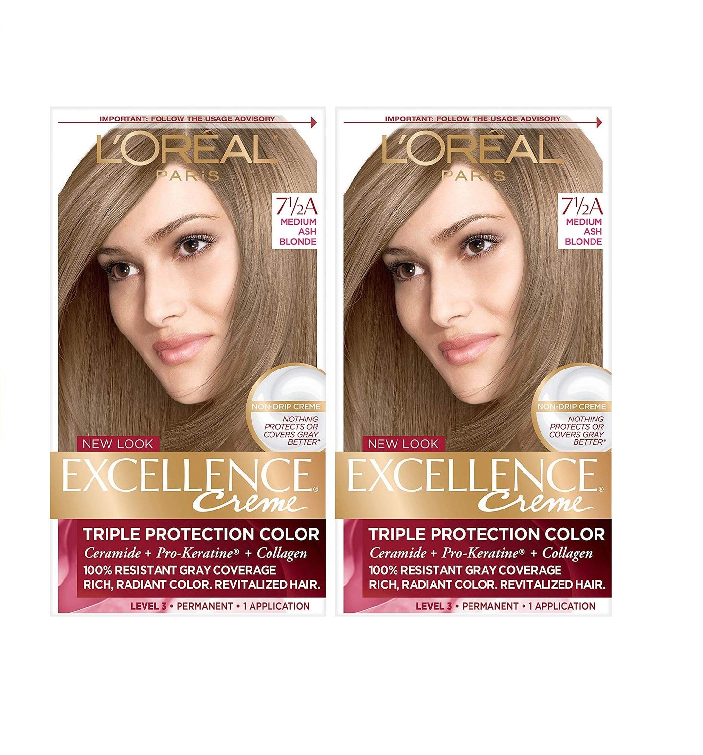 L'Oreal Paris Excellence Crème Permanent Hair Dye, Triple Care Hair Color with Pro-Keratine Complex for 100% Gray Hair Coverage, 7.5A Medium Ash