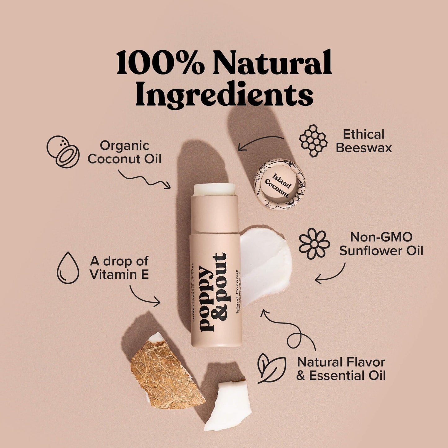 Poppy & Pout Island Coconut Jumbo Lip Balm | All Natural Lip Balms & Moisturizers | Hydrates with Beeswax, Vitamin E, Organic Coconut Oil |