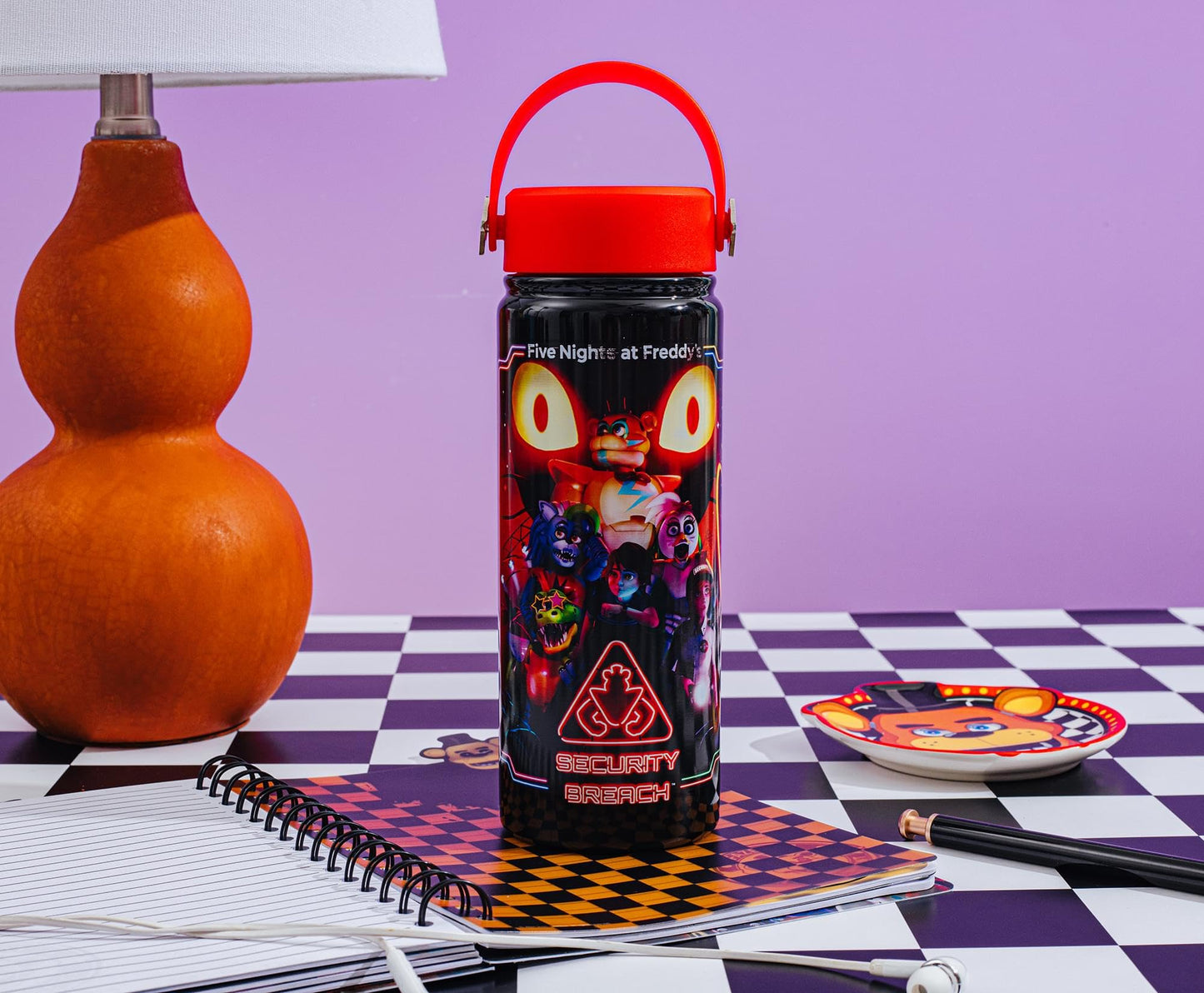 Silver Buffalo Five Nights at Freddy's Stainless Steel Water Bottle with Swivel Handle Featuring Gregory, Vanny, Glamrock Freddy, Glamrock Chica