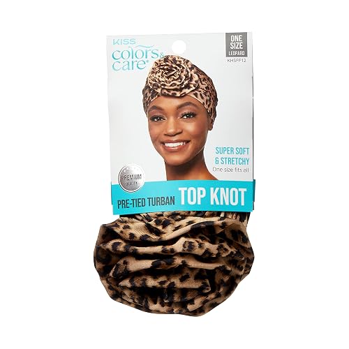 KISS COLORS & CARE Top Knot Pre-Tied Turban - Leopard - Stylish, Stretchy & Soft for Sleeping, Maximum Hair Protection, Minimizes Breakage