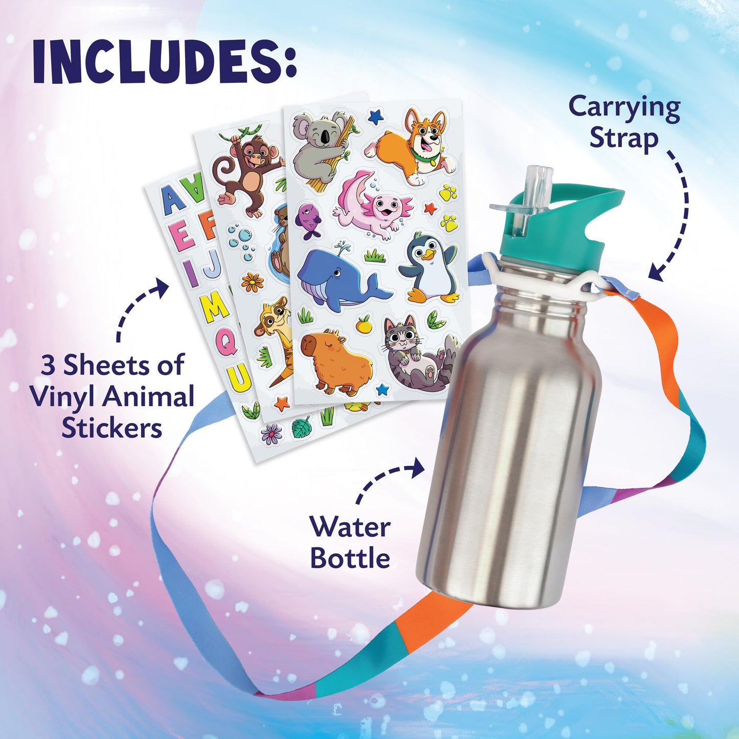 MindWare Cute & Custom Animal Water Bottle Decorating Kit - DIY Animal Sticker Set with Stainless Steel Bottle, Ages 5 and Up