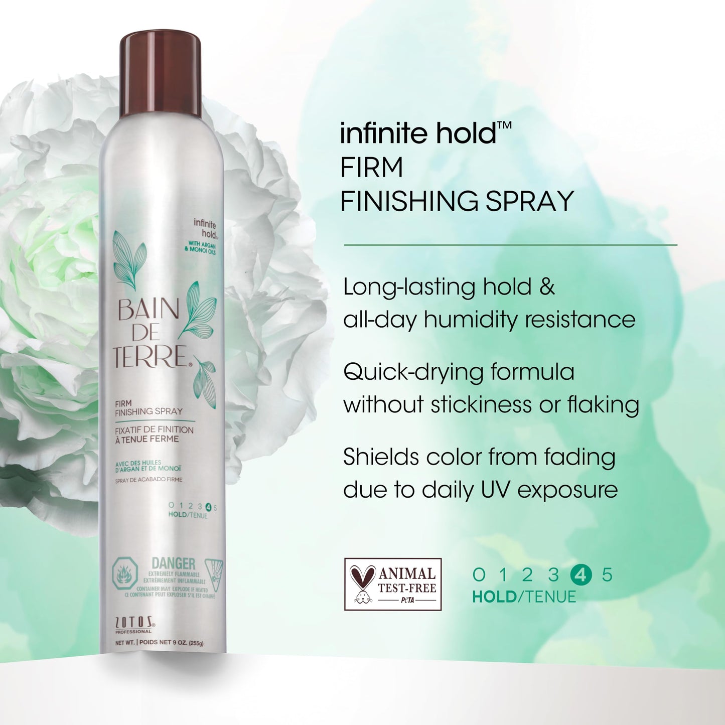 Bain de Terre Infinite Hold Firm Finishing Spray, Lasting Control & Shine, Heat & Humidity Protection with Argan & Monoi Oils, Paraben-Free