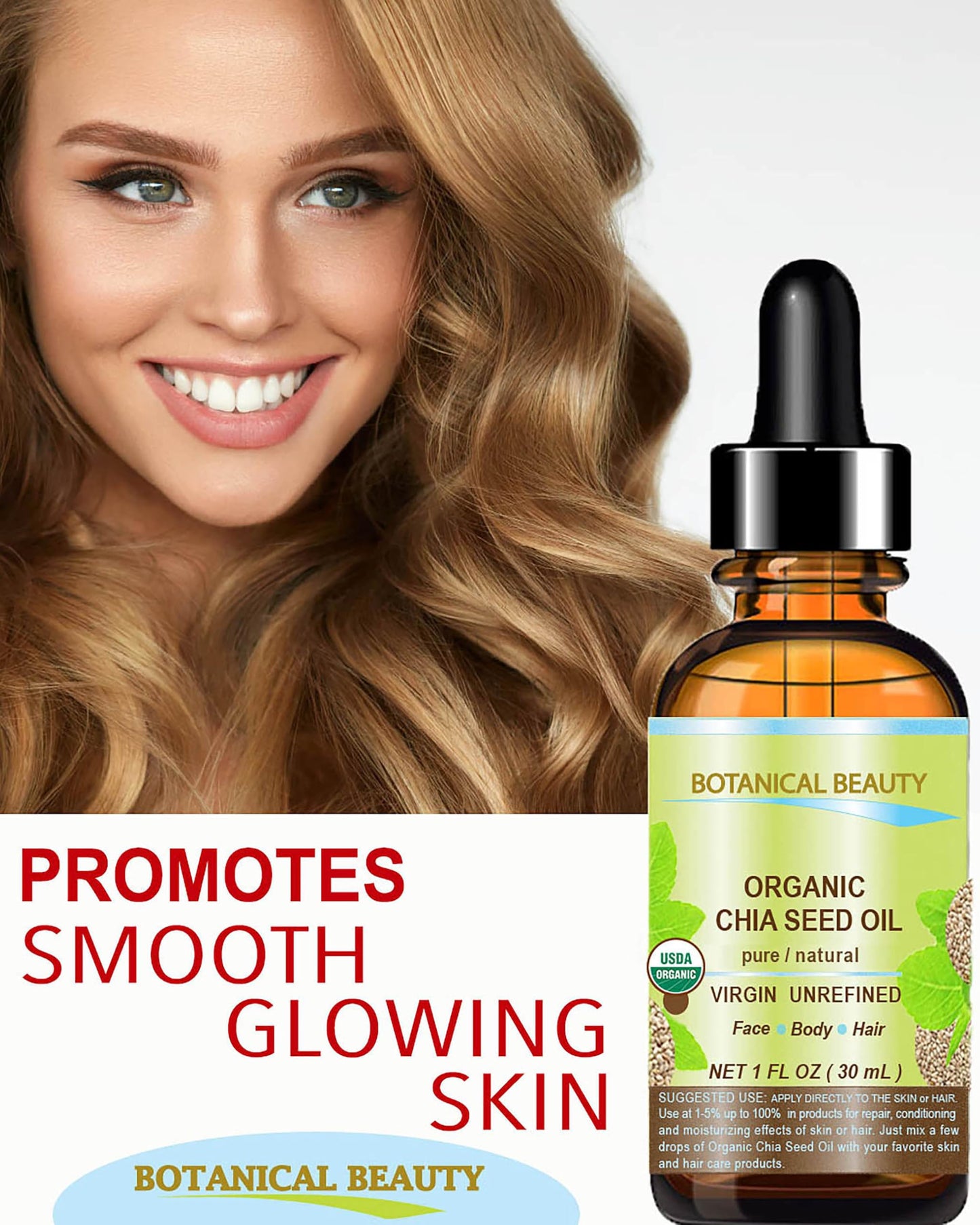 Botanical Beauty Organic CHIA SEED OIL 100% Pure Natural Virgin Unrefined Cold-Pressed Carrier Oil for Face, Skin, Body, Hair, Lip, Nails. Rich in