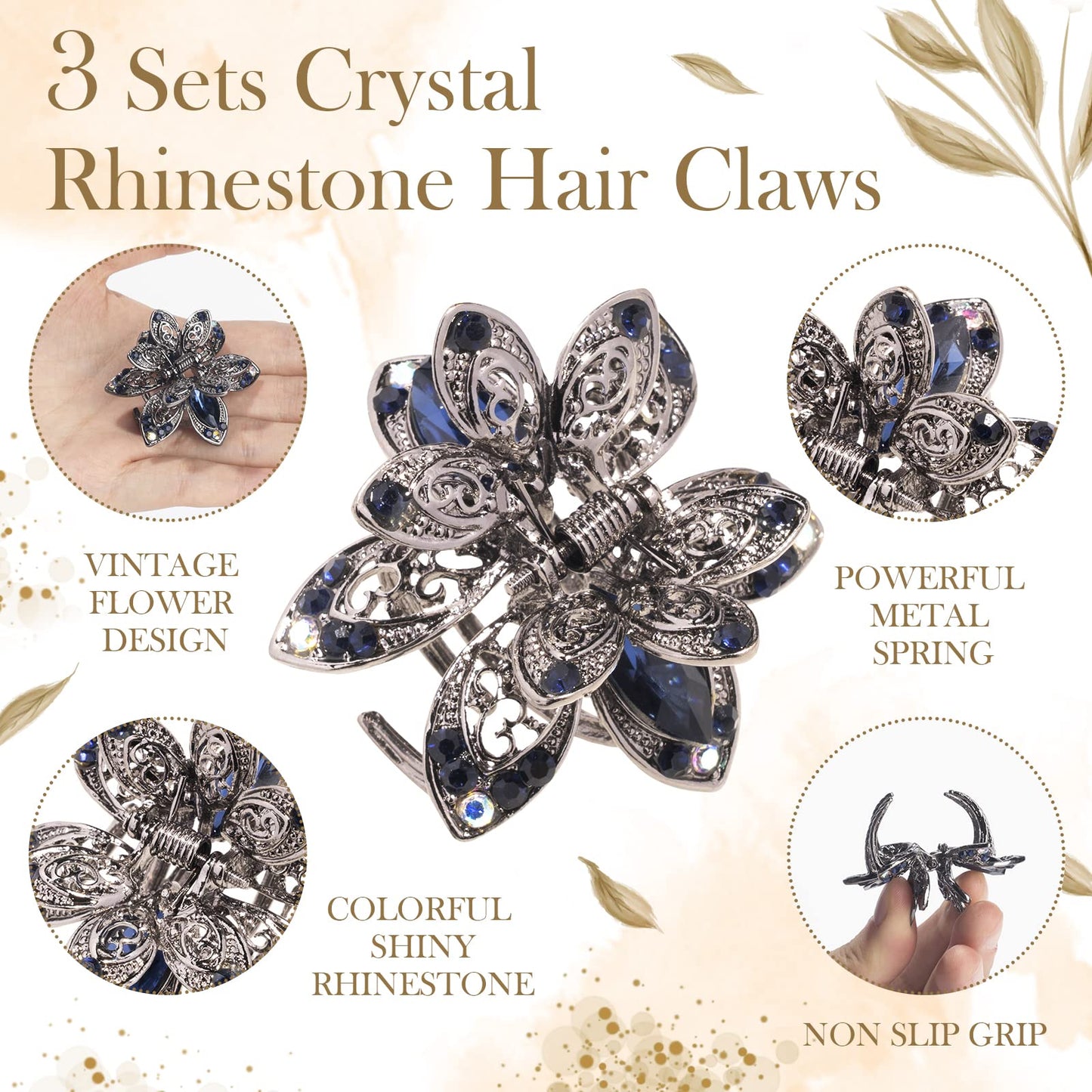 ISKYBOB Set of 3 Vintage Metal Jaw Clips Rhinestone Hair Claw Clip Hair Accessories for Women