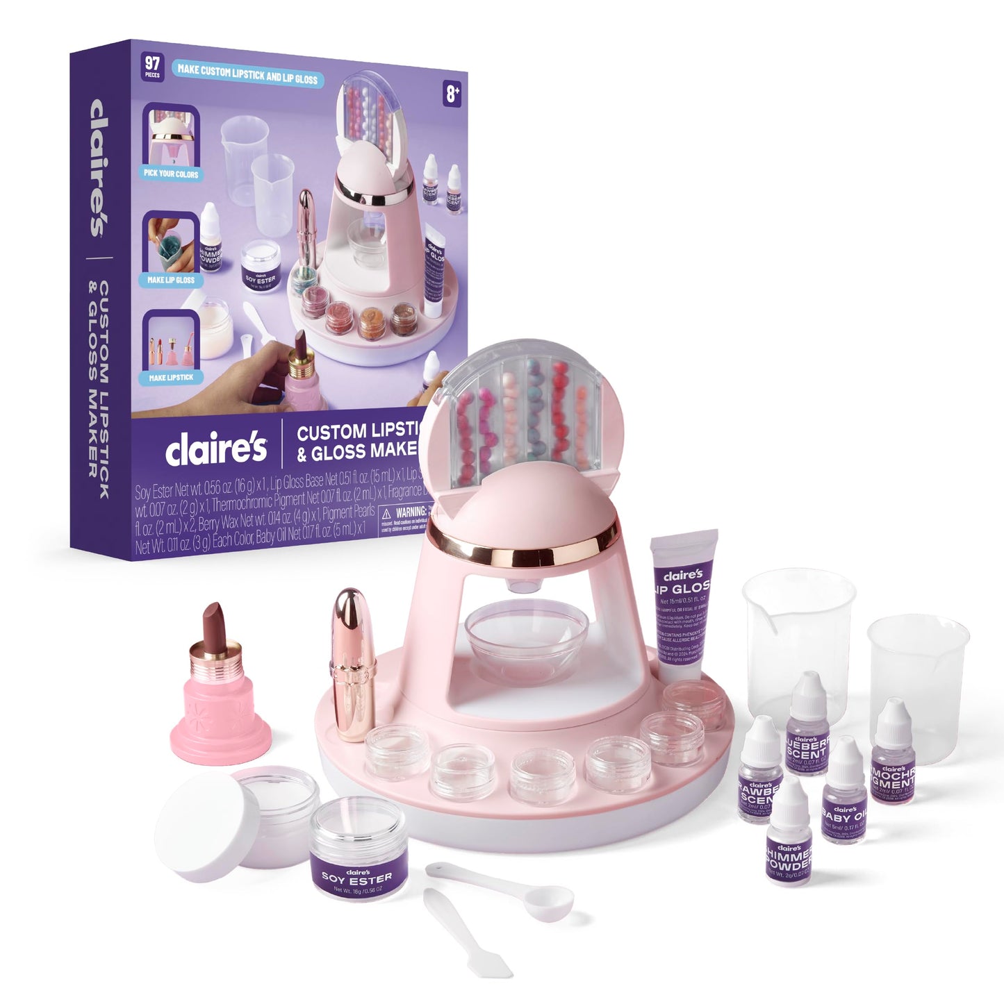 Claire's DIY Lipstick & Lip Gloss Making Kit, 97-Piece Real Makeup Arts & Crafts Set, Handmade Moisturizing Lip Glaze, Girl Toys & Cosmetic Products