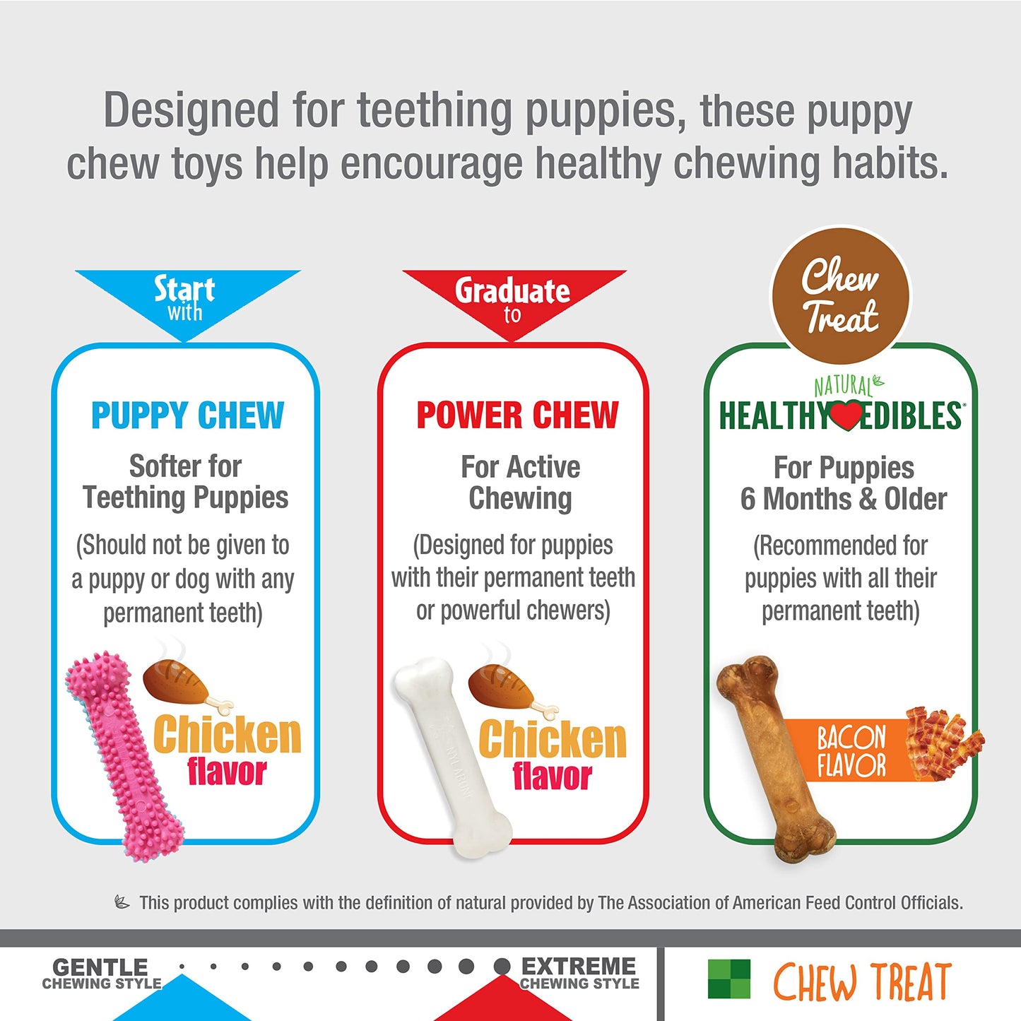 Nylabone Puppy Chew Toys & Natural Treats Triple Pack – Pink, Chicken & Bacon Flavor – Small Dogs up to 25 lbs – 3 Pack