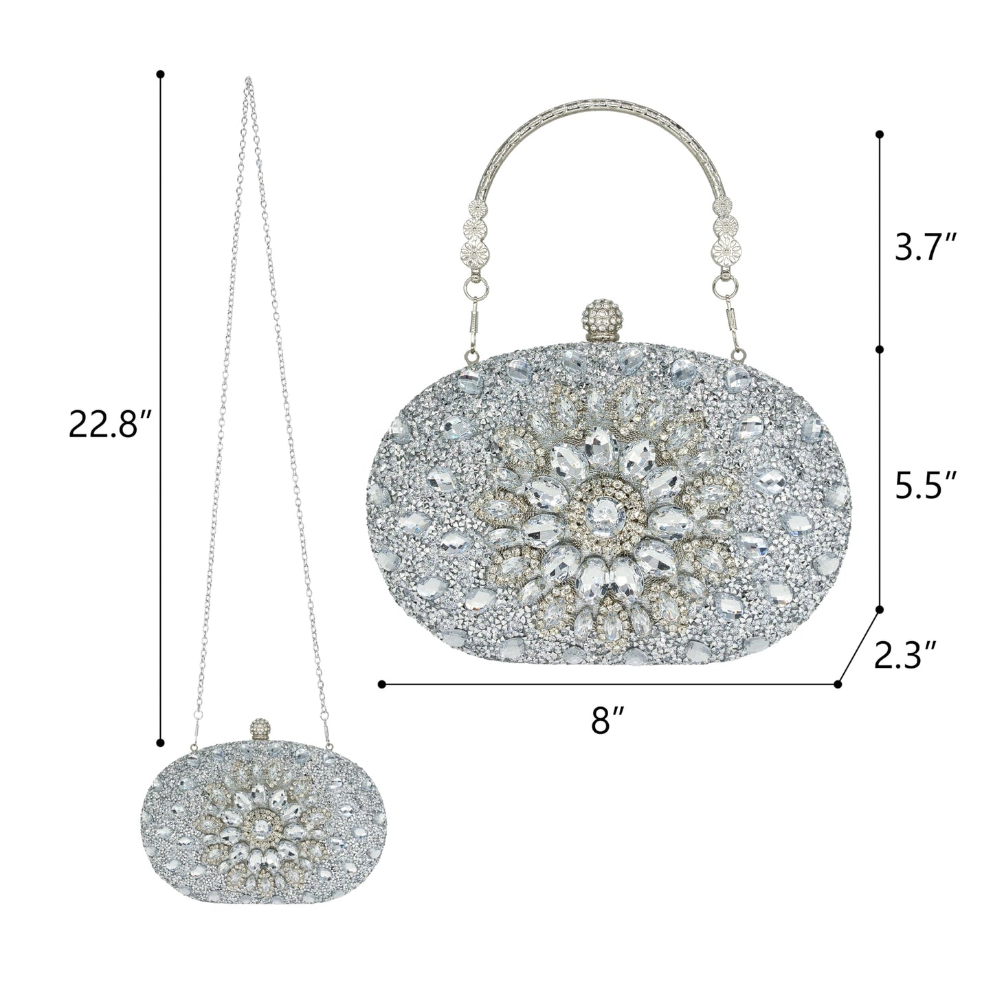 MAIRLOM Rhinestone Clutch Purses for Women Evening Wedding Formal - Round Pearl Clasp Handbag Crystal Gemstone Bag for Party Prom(Silver Clutch)