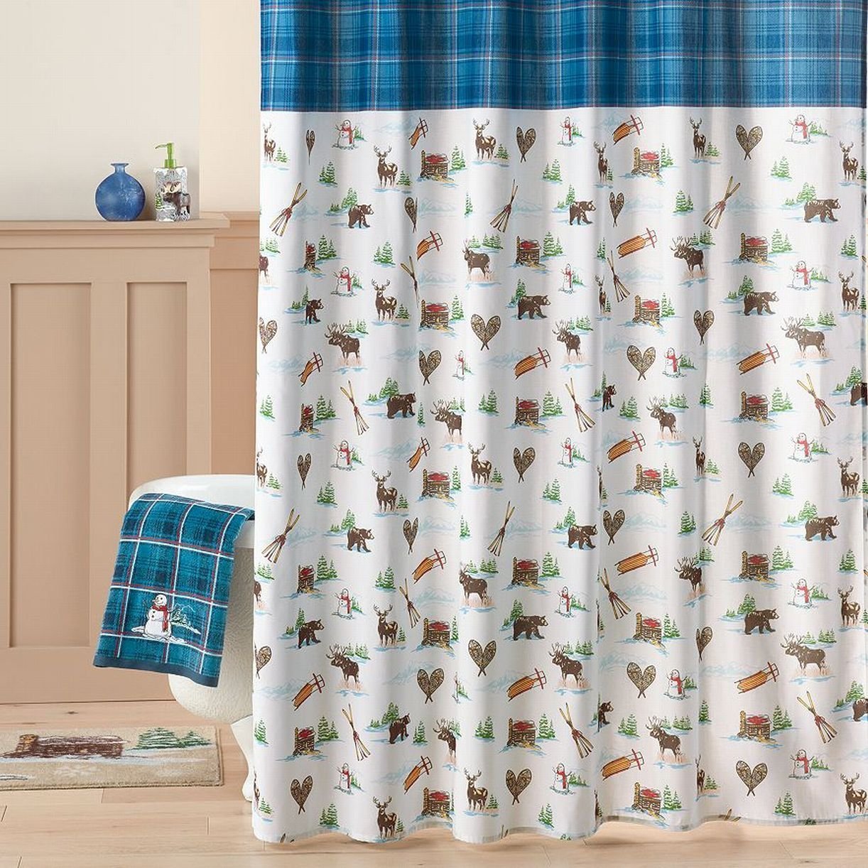 St. Nicholas Square Christmas Cabin Deer Bear & Snowman Shower Curtain Holiday