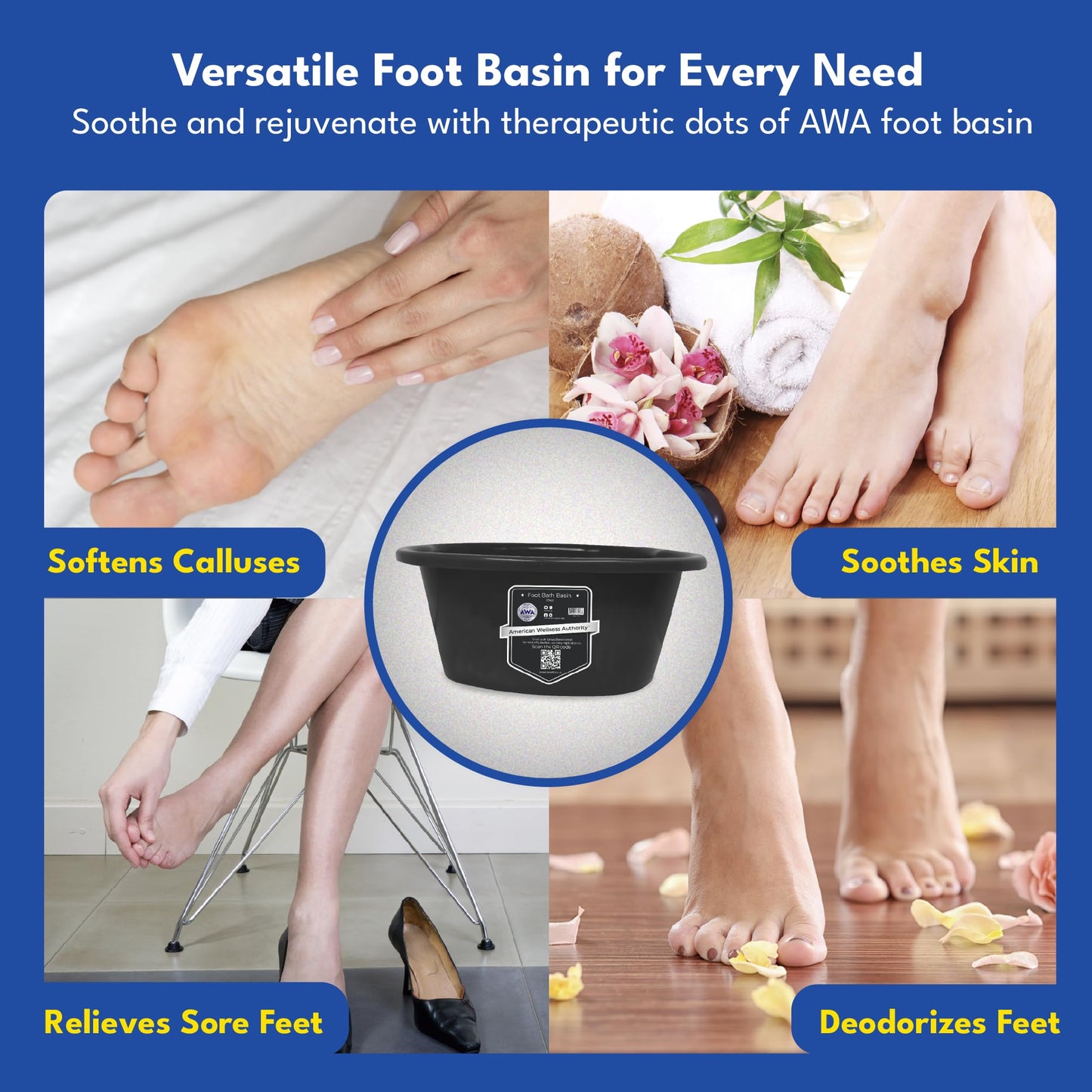 American Wellness Authority AWA Extra Large foot bath basin - Sturdy plastic soak tub For Soaking feet and Pedicure At Home Spa Kit Women Men (Grey Beauty and Personal Care American Wellness Authority