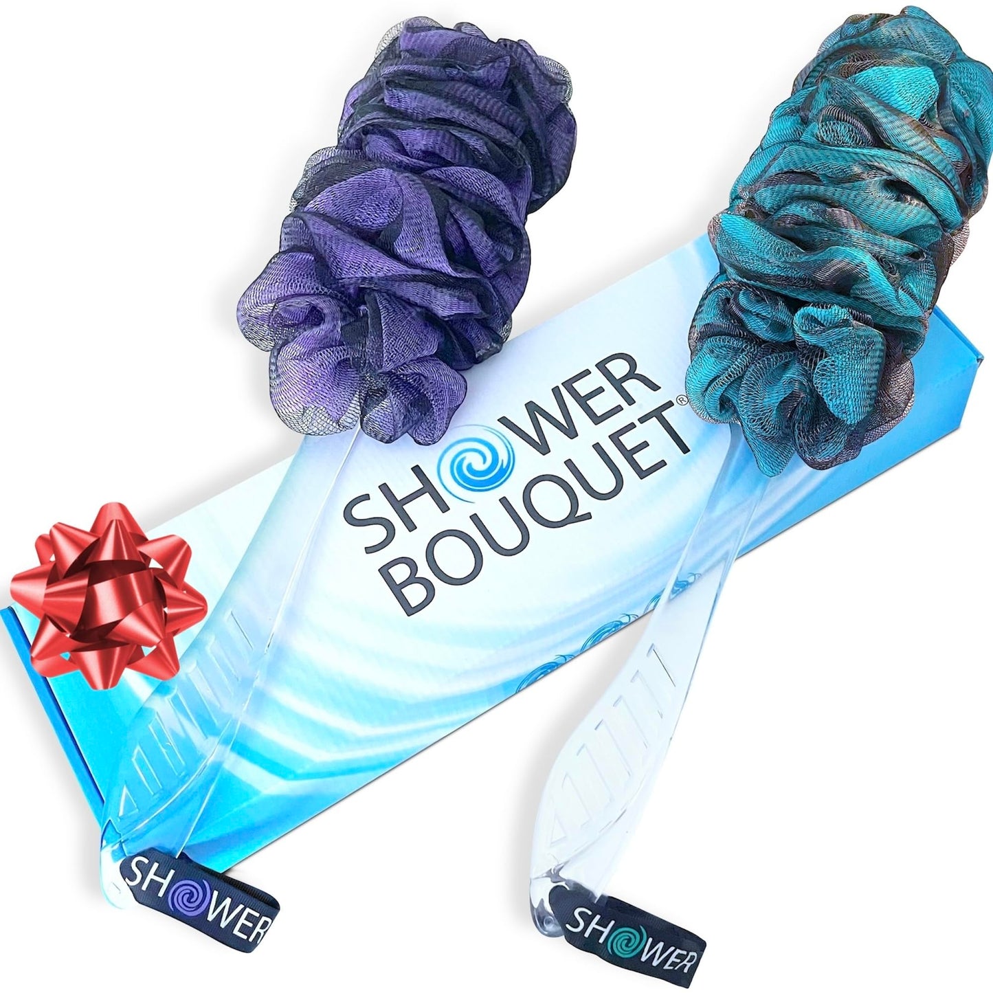 SHOWER BOUQUET Loofah-Charcoal Back-Scrubber Color-2-Pack // Long-Handle-Loofa-Lufa Bath-Sponge Brush/Extra Large Soft Mesh for Men & Women