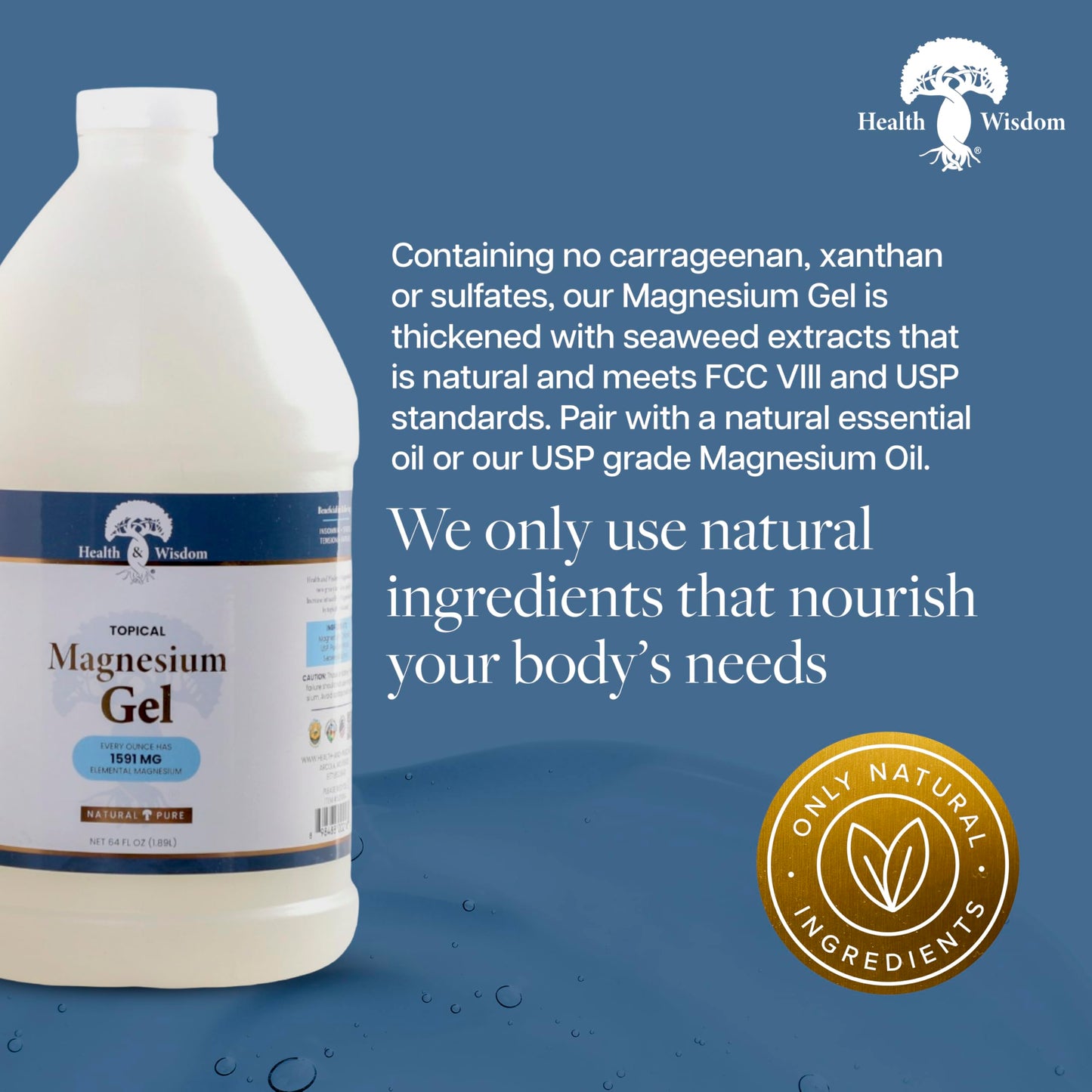 Health & Wisdom Pure Magnesium Gel with Seaweed Extract - USP Grade Topical Muscle & Joint Relief- Natural and Pure Skin & Scalp Moisturizing