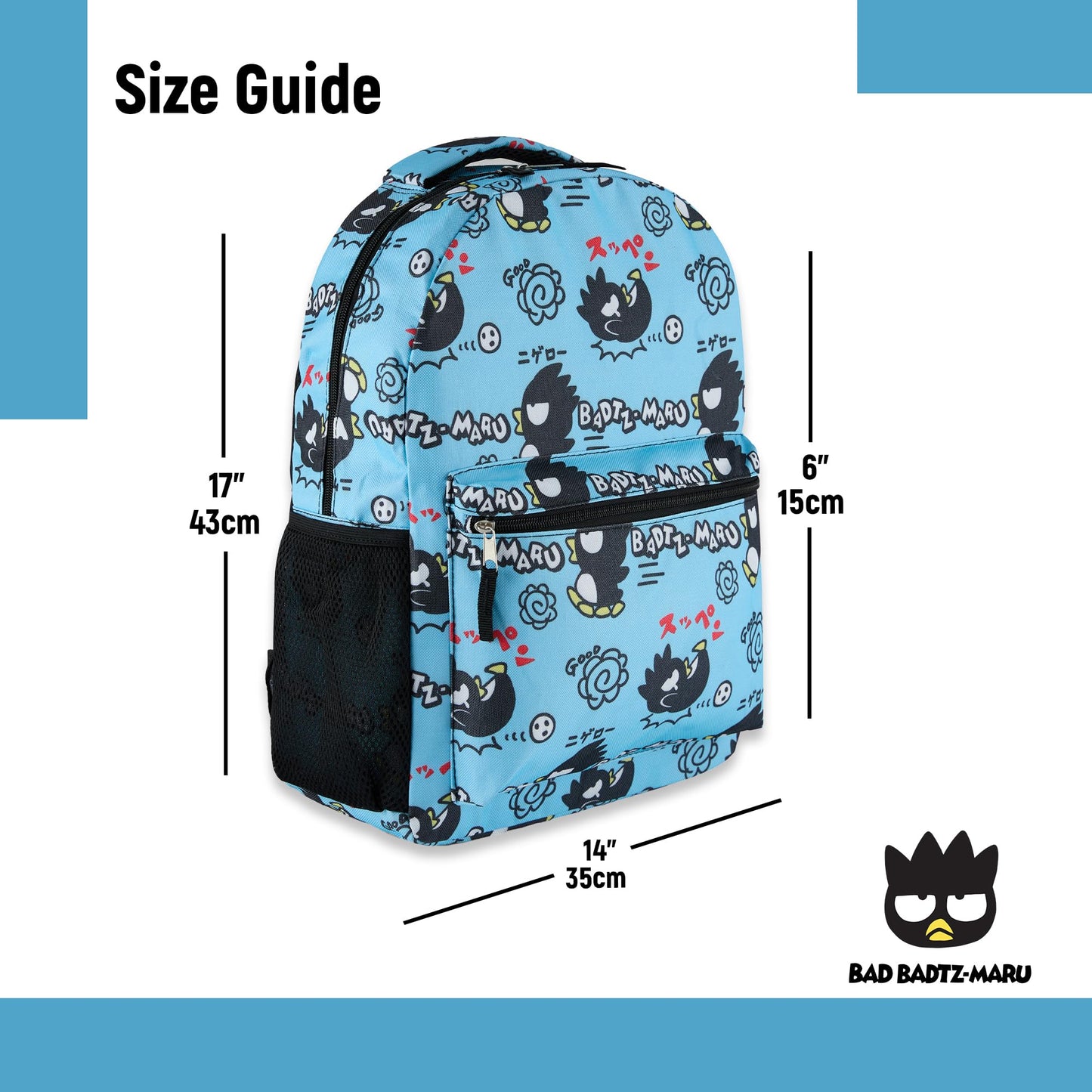 Hello Kitty Allover School Backpack - My Melody, Kuromi, Keroppi, Badtz-Maru - Backpack for Boys, Girls, Women - Official Character School Bookbag (Badtz Maru Blue)