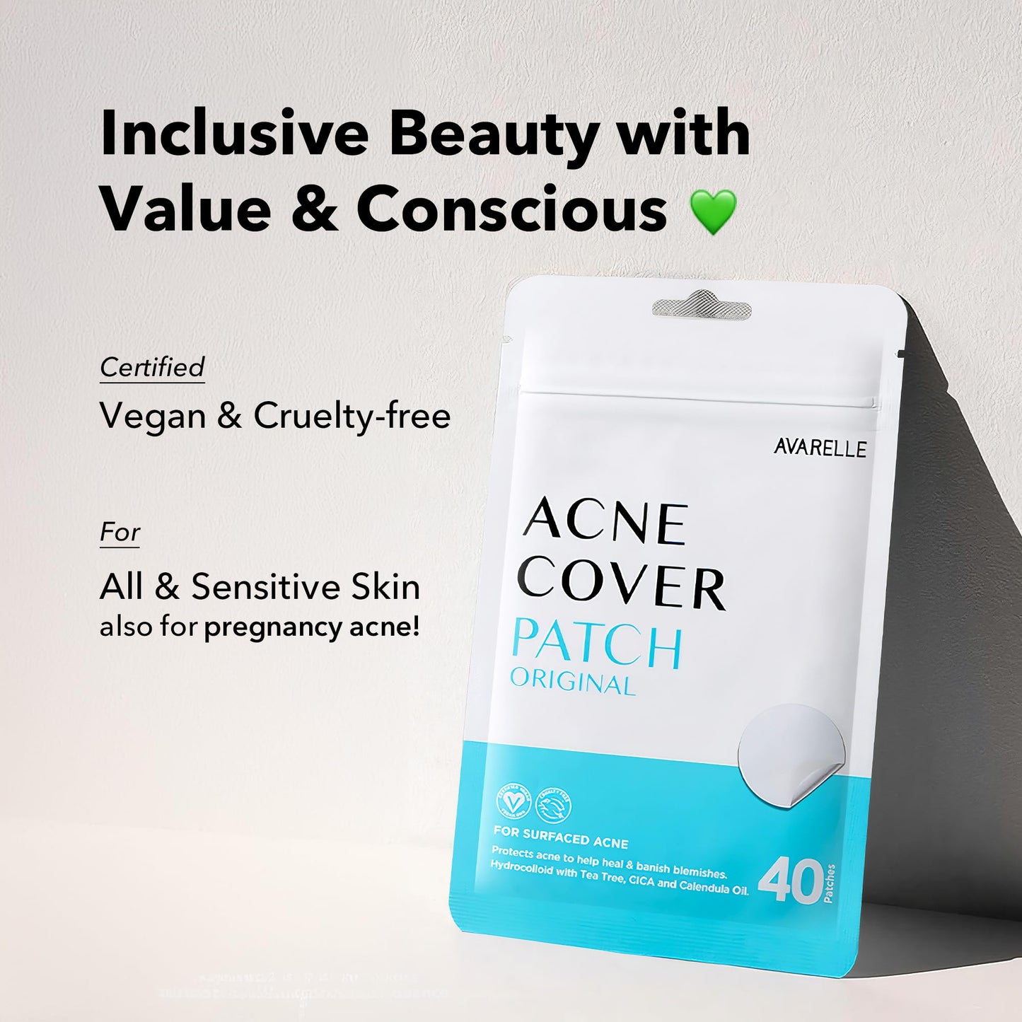 AVARELLE Cover Patches (40 Count) Absorbing Hydrocolloid Spot Cover with Tea Tree Oil, Calendula Oil and Cica, Certified Vegan, Cruelty Free