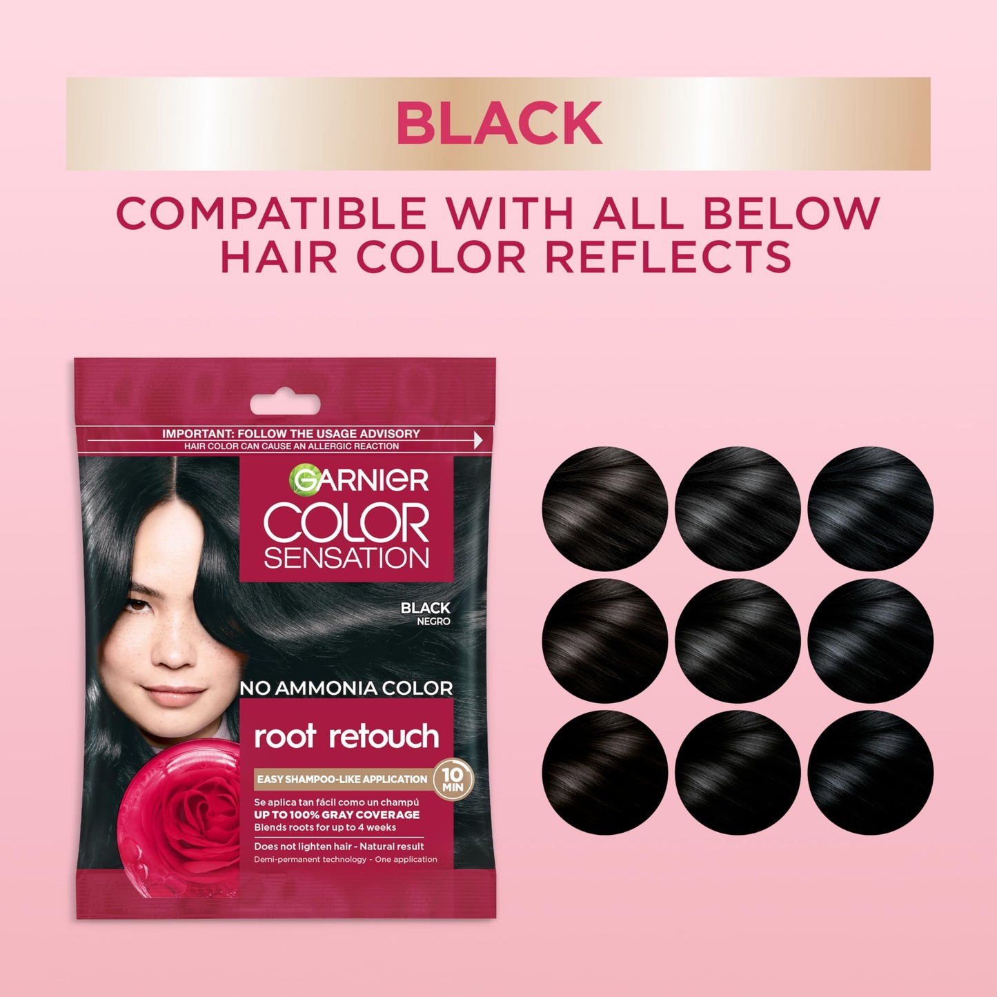 Garnier Color Sensation Root Retouch, Demi Permanent Hair Dye for Roots with 100% Gray Coverage and No Ammonia, Black Hair Dye 1.0, Pack of 6