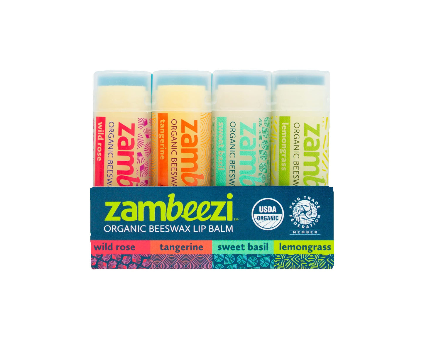 Zambeezi Fair Trade, Organic Beeswax Lip Balm - CORE 4 Pack (Wild Rose, Tangerine, Sweet Basil and Lemongrass) - Ethically Sourced