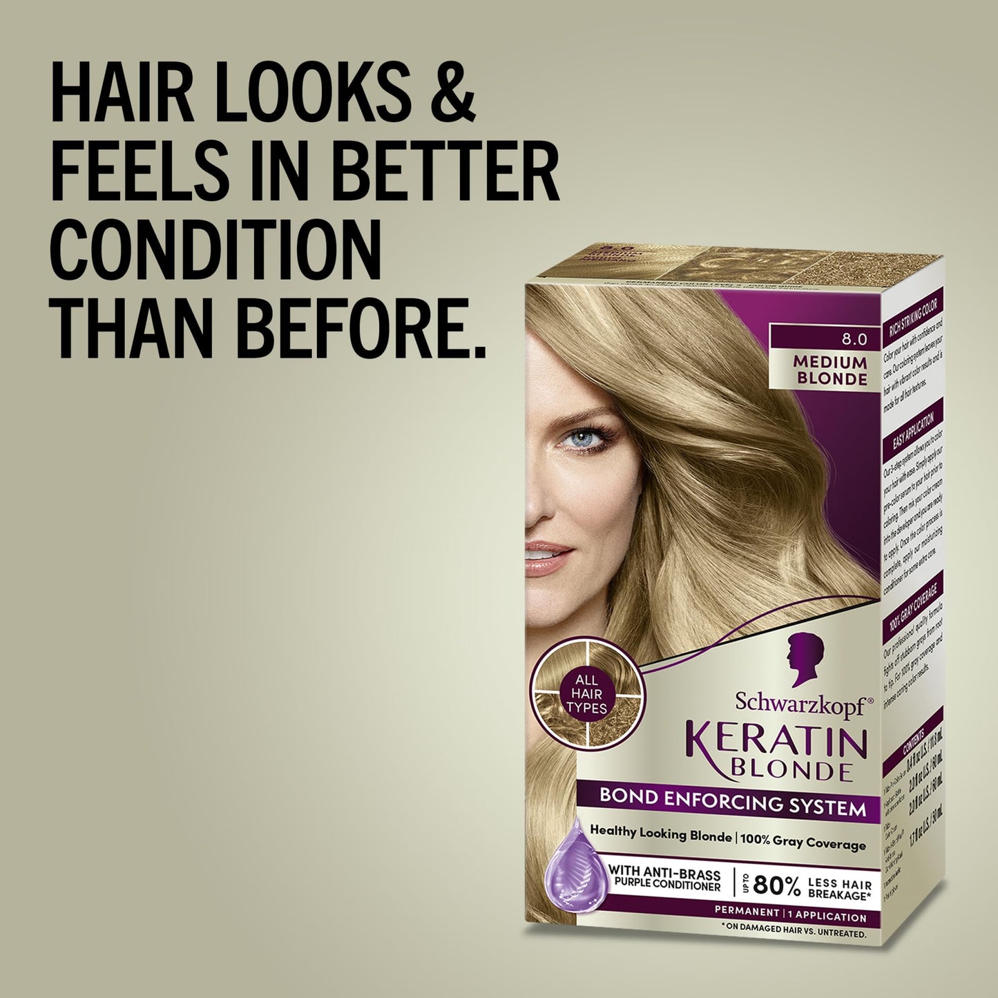 Schwarzkopf Keratin Blonde Hair Dye, 8.0 Medium Blonde, Professional Quality Permanent Hair Color, Bond Enforcing System, Pre-Color Serum & Purple