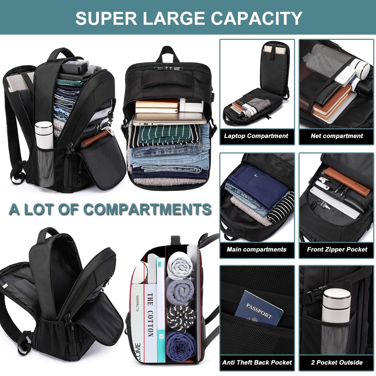 Extra Large Backpack for Men 50L,Water Resistant 17.3 inch Travel Laptop Backpack with USB Charging Port,TSA Friendly Big Business Anti Theft Computer Bag Work College School Bookbags Gifts,Black