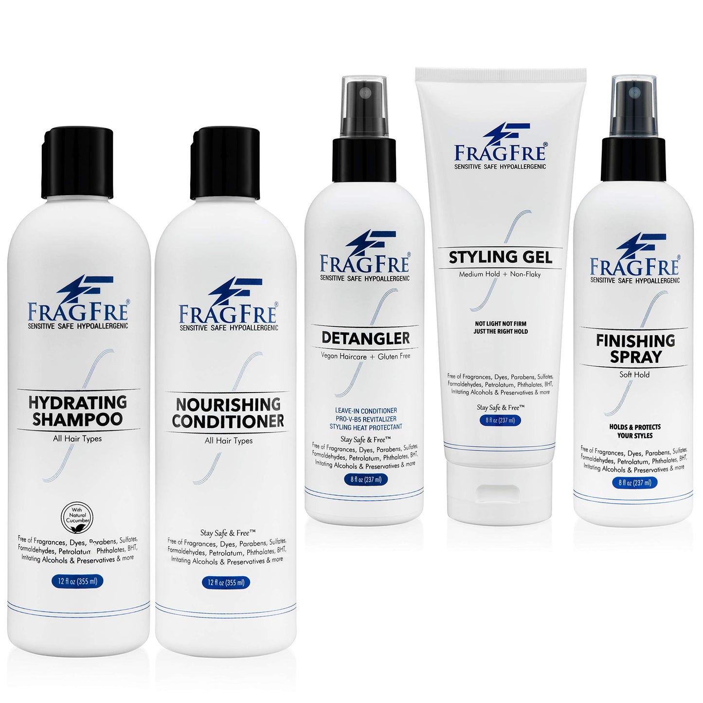 FRAGFRE Professional Hair Salon Set for Sensitive Skin 8/12 oz/ea (5-Pack Gift Set) - Shampoo-Conditioner-Detangler-Styling Gel-Finishing Spray