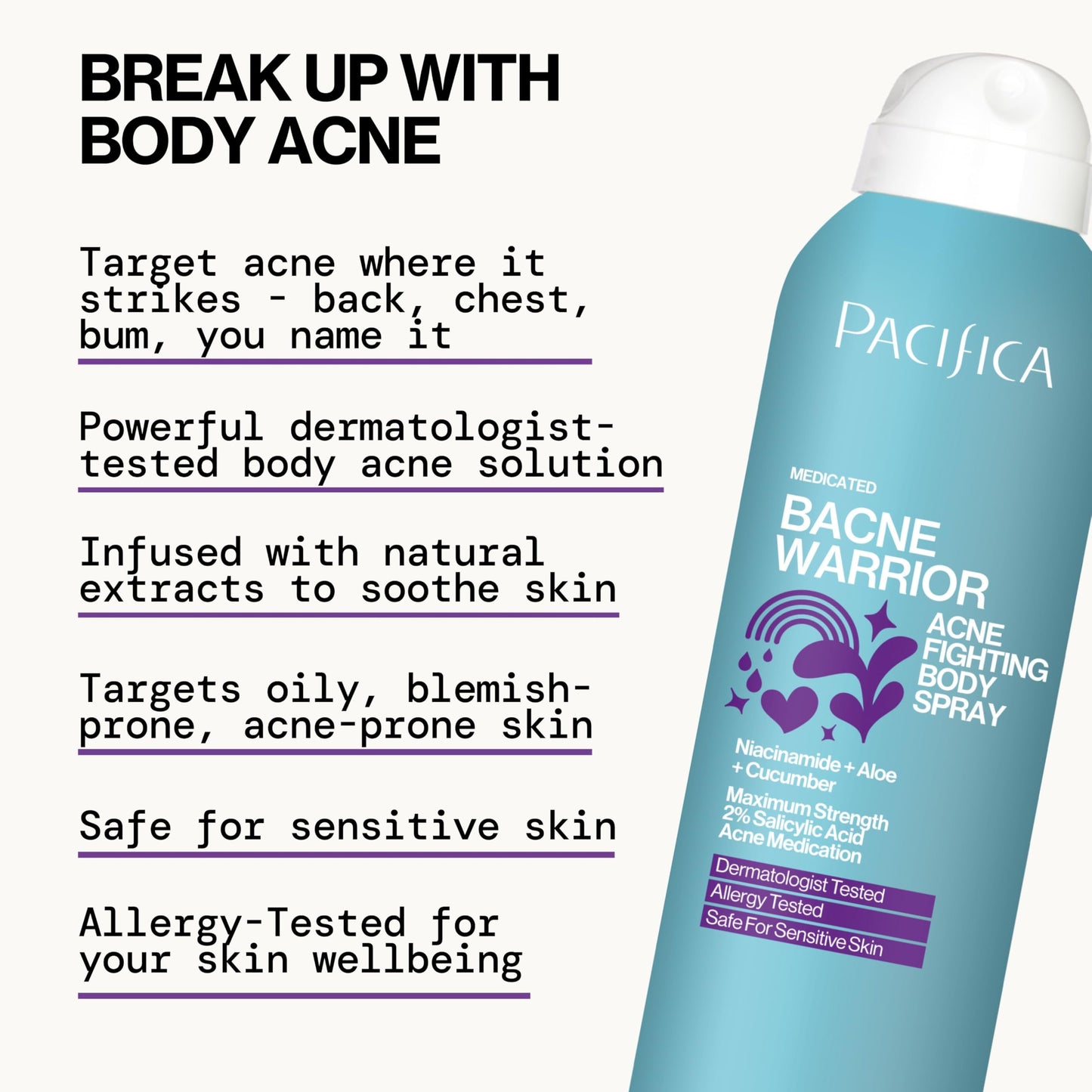 Pacifica Bacne Warrior - Bacne Salicylic Acid Spray, Back Acne Treatment Spray with 2% Salicylic Acid, Niacinamide, and Aloe, Body Acne Warrior