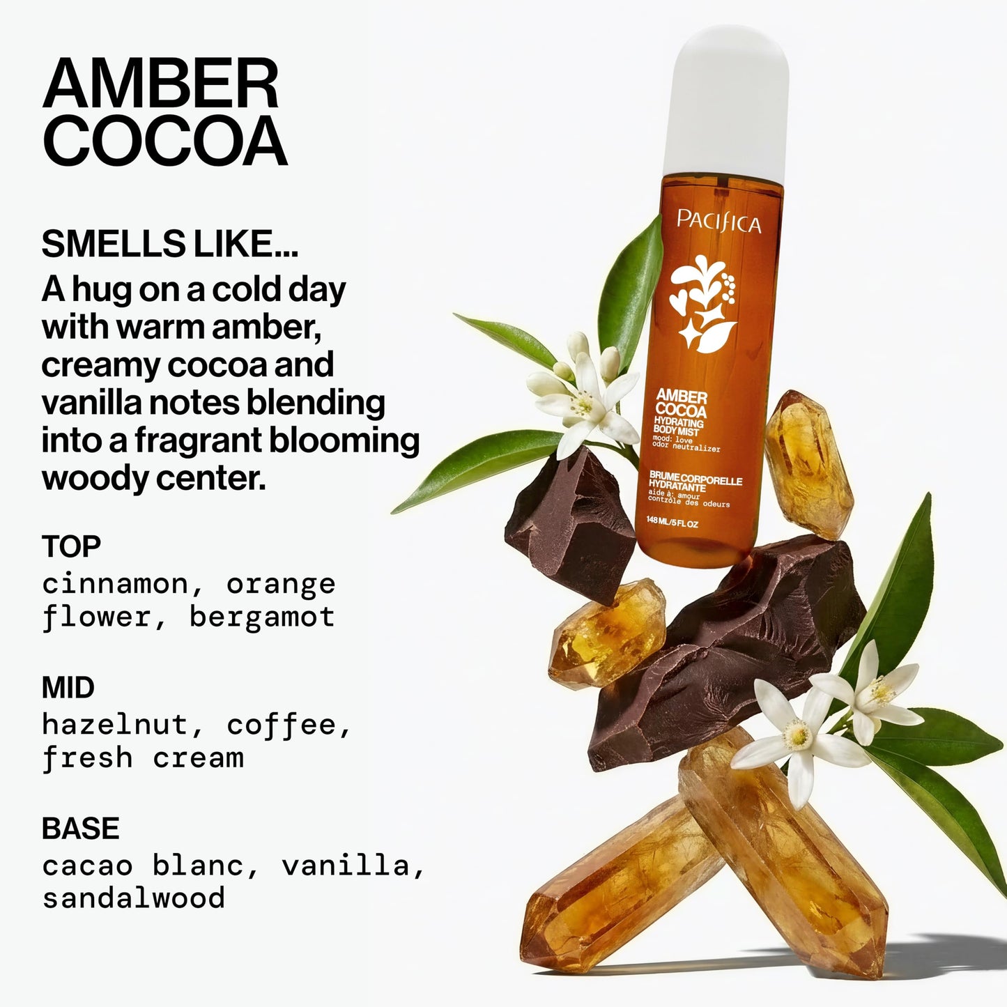 Pacifica Amber Cocoa Gourmand Body Mist for Women - Warm Vanilla Coffee Cocoa Fragrance Spray, Hydrating, Odor Neutralizing, Vegan & Cruelty-Free