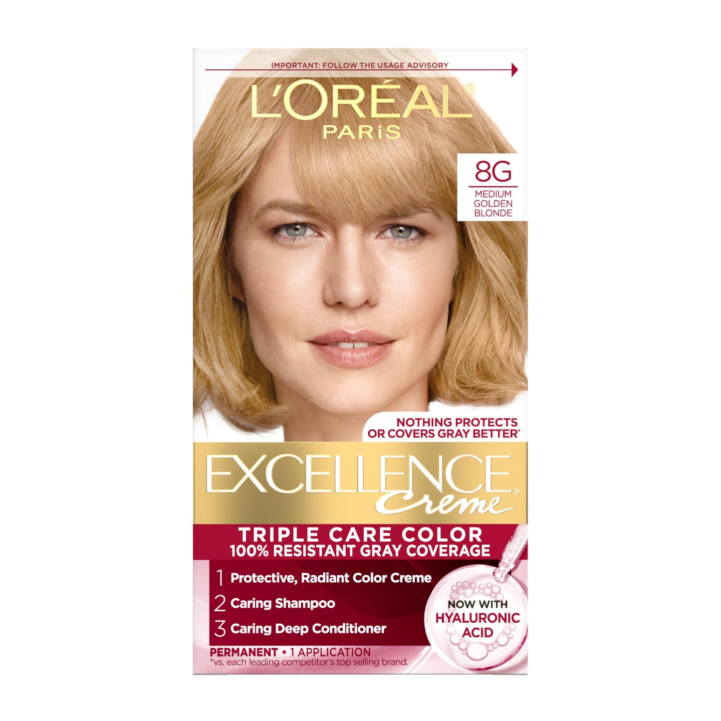 L'Oreal Paris Excellence Crème Permanent Hair Dye, Triple Care Hair Color with Hyaluronic Acid for 100% Gray Coverage, 8G Medium Golden Blonde, 1 Kit