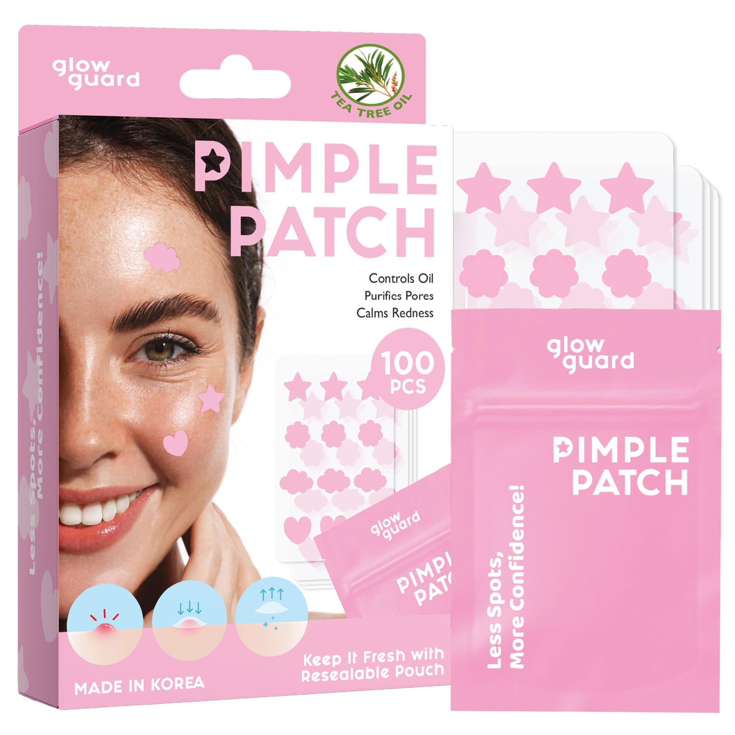 Glow Guard Pimple Patches with Hydrocolloid & Tea Tree Oil - Korean Skin Care, Dermatologist Tested - Absorbs Impurities, Reduces Redness - Vegan