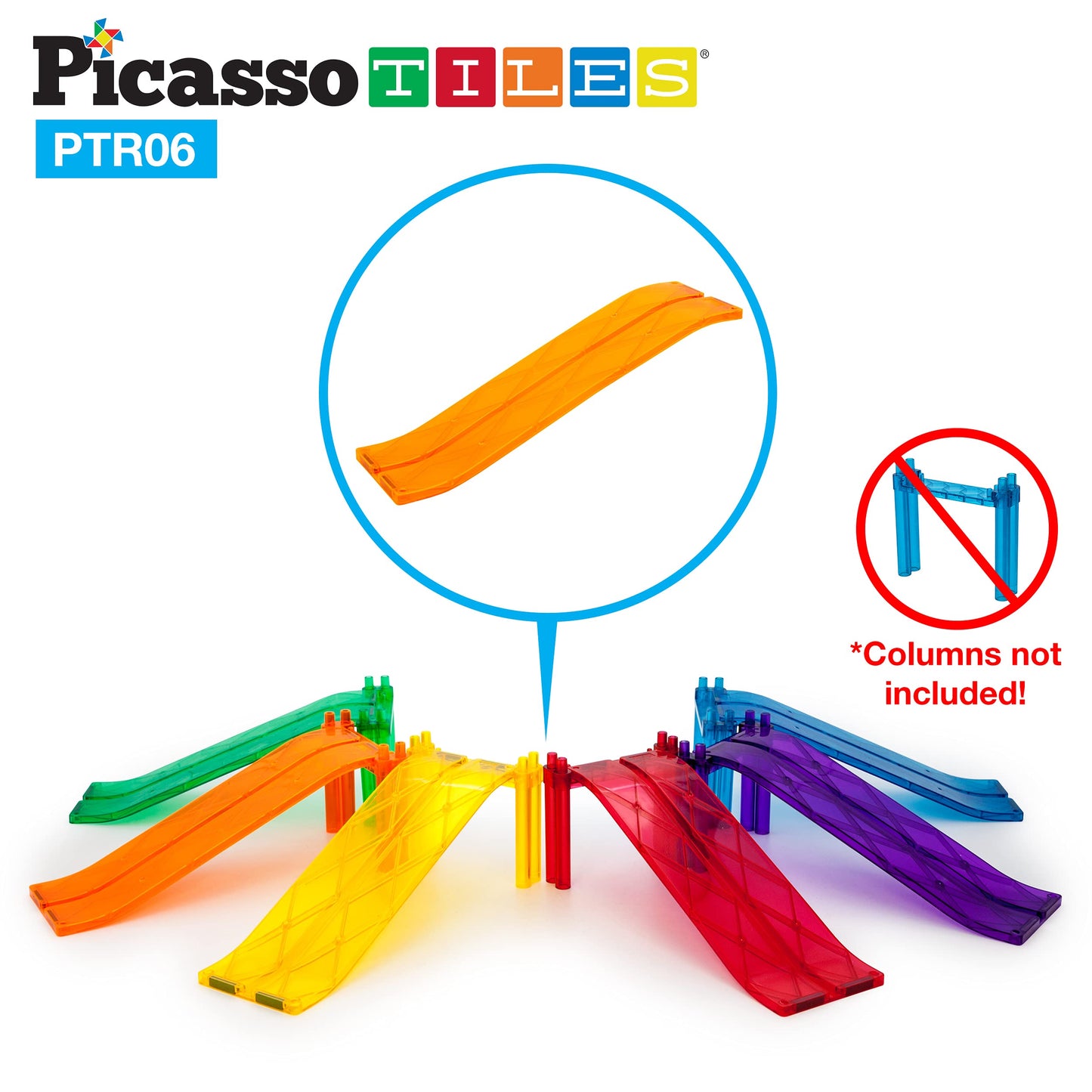 PicassoTiles 6pc Magnetic Race Track Ramp Set – STEM Magnet Tile Accessories for Kids Construction Playset, Educational Toy PTR06