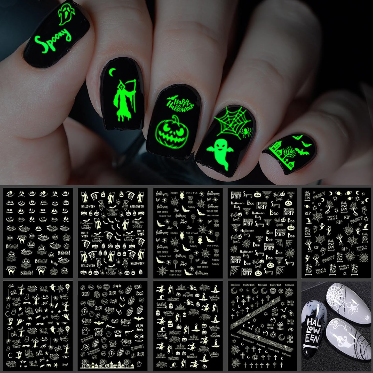 TailaiMei 9 Sheets Halloween Nail Stickers Glow in The Dark, Fluorescent Design Nail Decals, Self-Adhesive DIY Nail Art Tips for Women Manicure