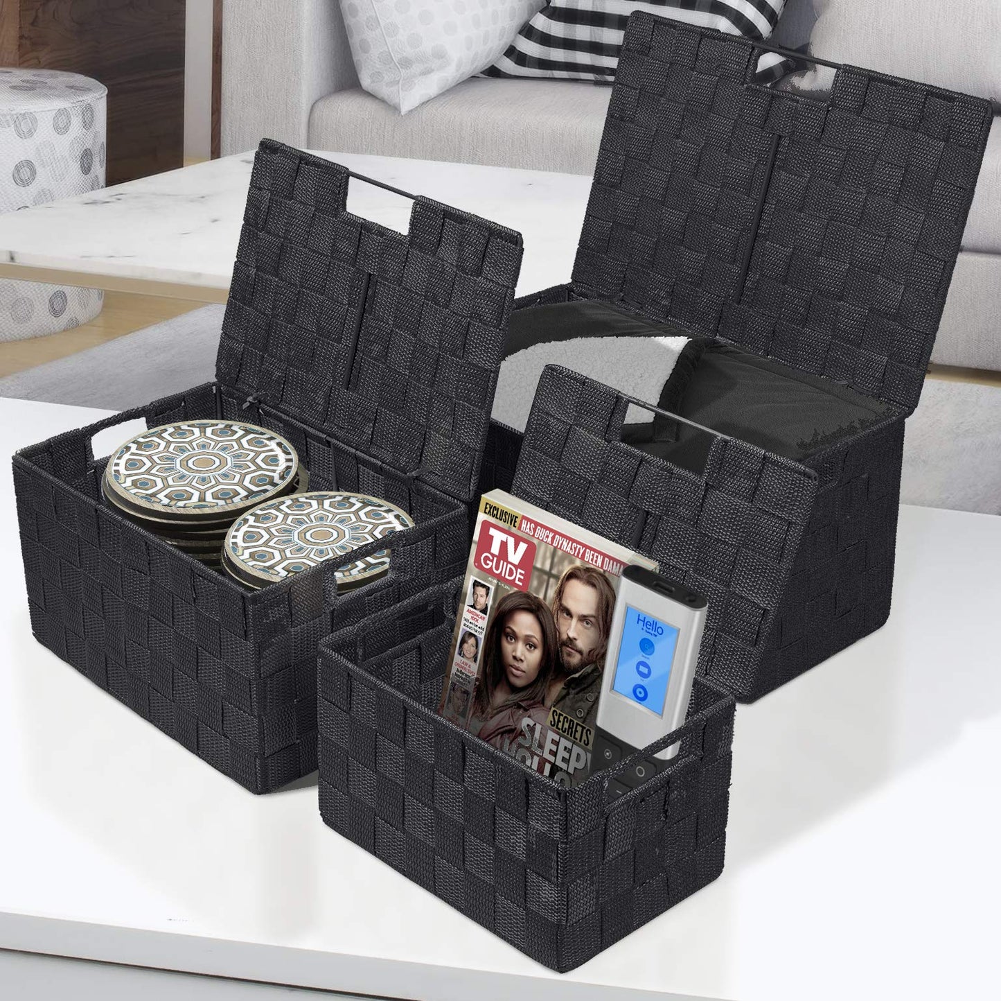 Sorbus Set of 3 Black Woven Storage Baskets with Lids - Mesh Hand-Woven Bins for Closet, Shelf, and Linen Organization - Variety Pack
