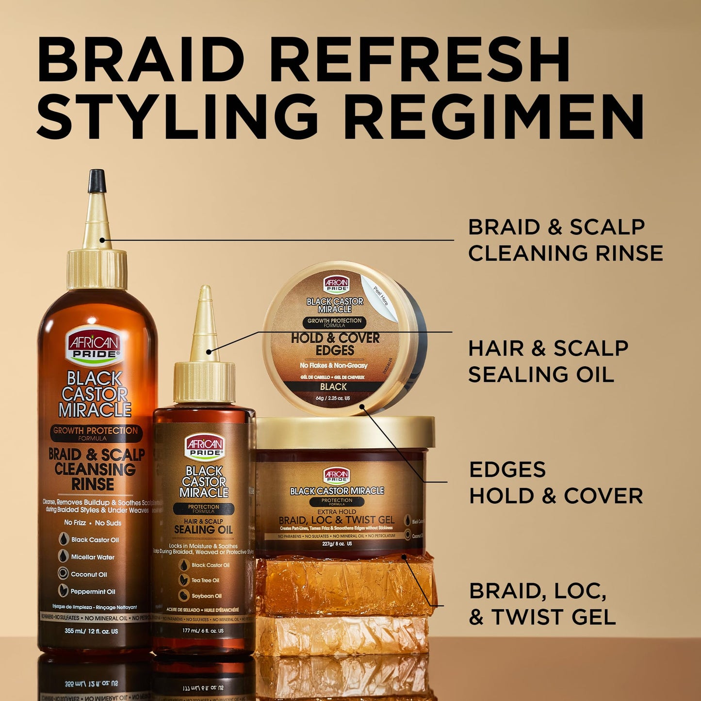 African Pride Black Castor Miracle Extra Hold Braid, Loc, Twist Gel - Extreme Hold Braiding Hair Gel, Edge Control & Tames Frizz, No Flake | Natural