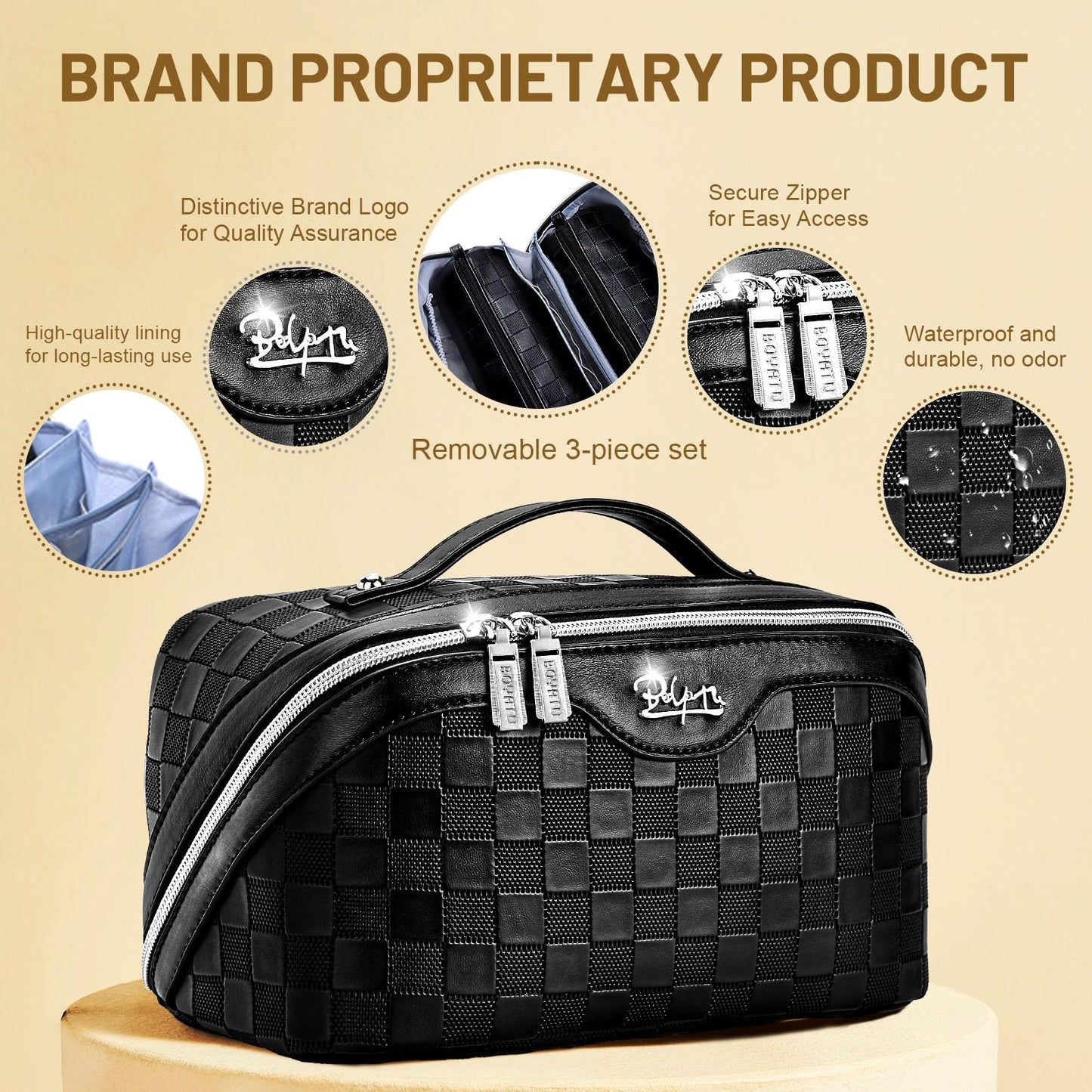 BOYATU Travel Makeup Bag Organizer Cosmetic Bag: 3 Pcs Set Make up Bags for Women with Handle - Waterproof Vegan Leather Toiletry Bags Travel Beauty and Personal Care BOYATU