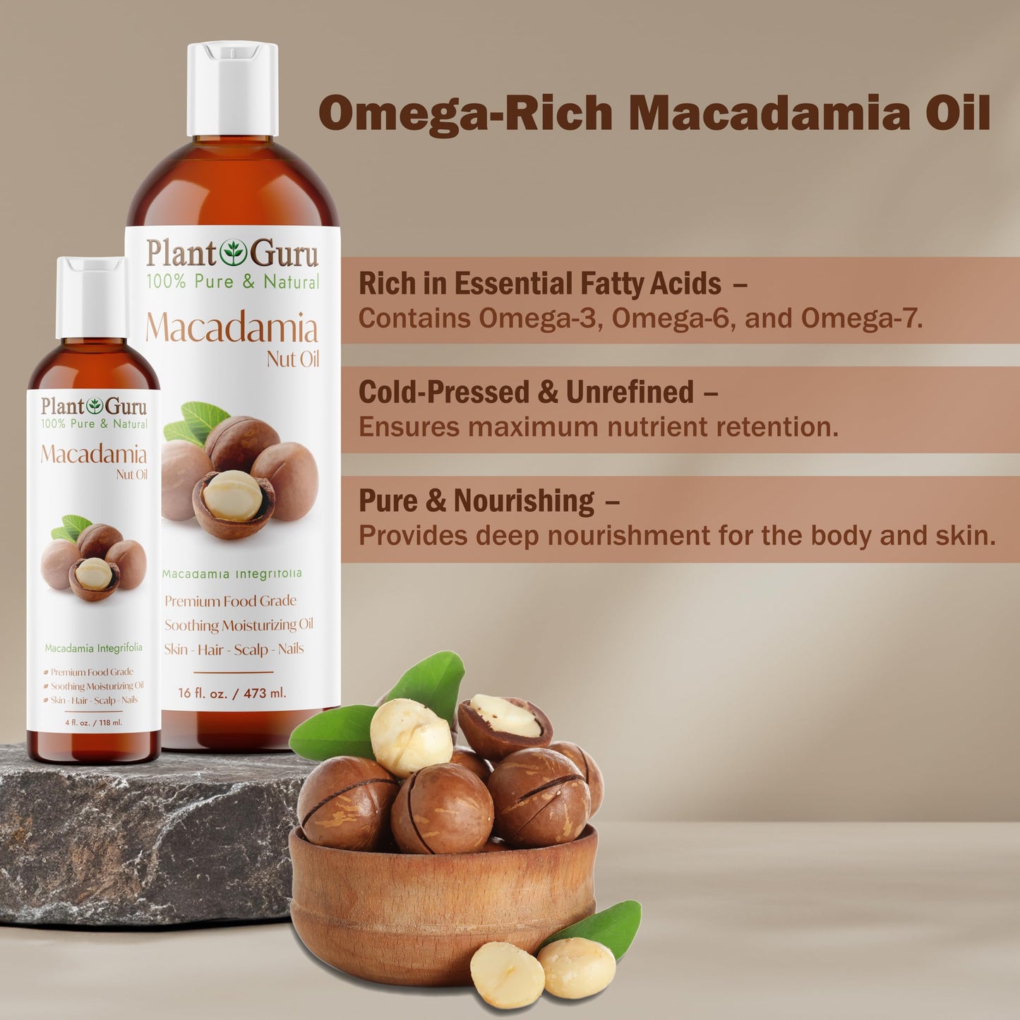 Plant Guru Macadamia Nut Oil 4 fl. oz. Cold Pressed 100% Pure Natural Carrier - Skin, Face, Body, and Hair Moisturizer. Ideal for DIY Creams, Lotions Beauty & Personal Care Plant Guru