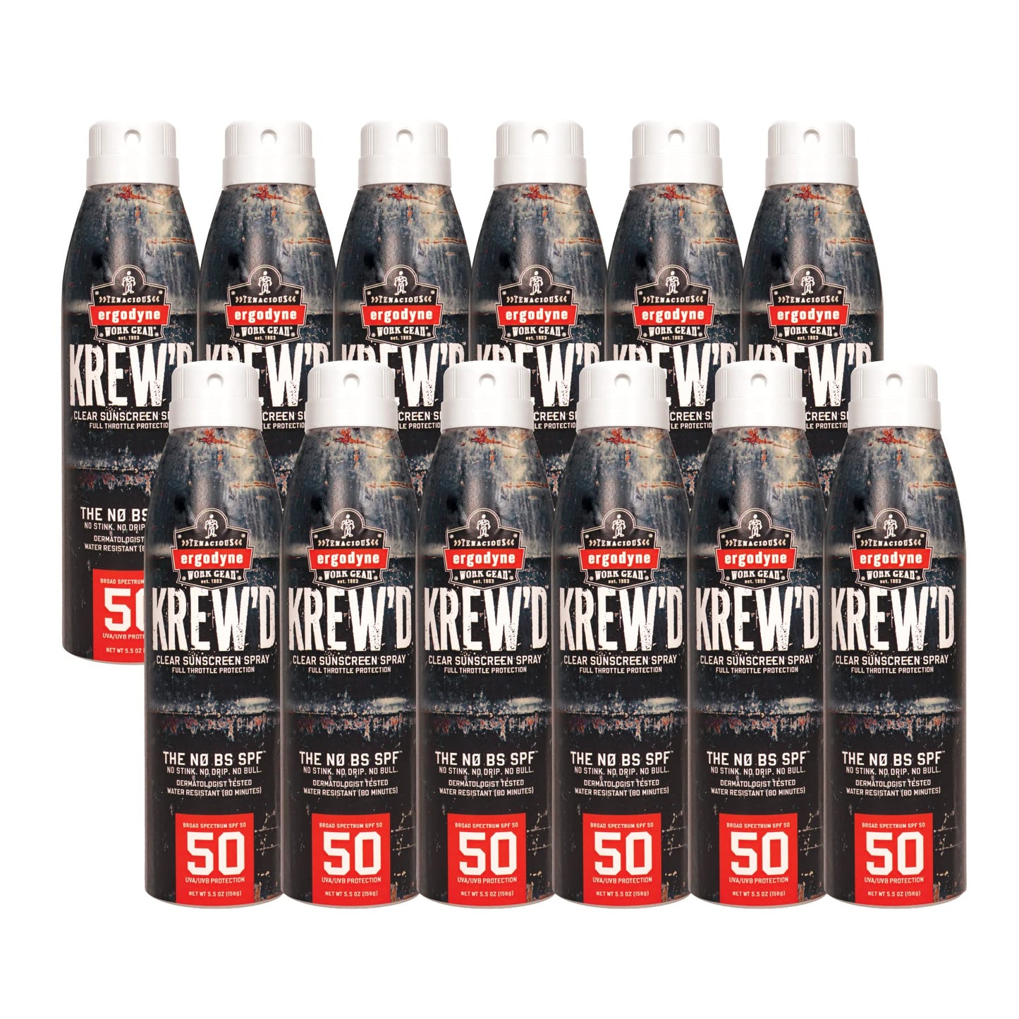 Ergodyne KREW'D 6353 Sunscreen Spray, Broad Spectrum SPF 50, Water Resistant, 5.5 oz, 12-Pack