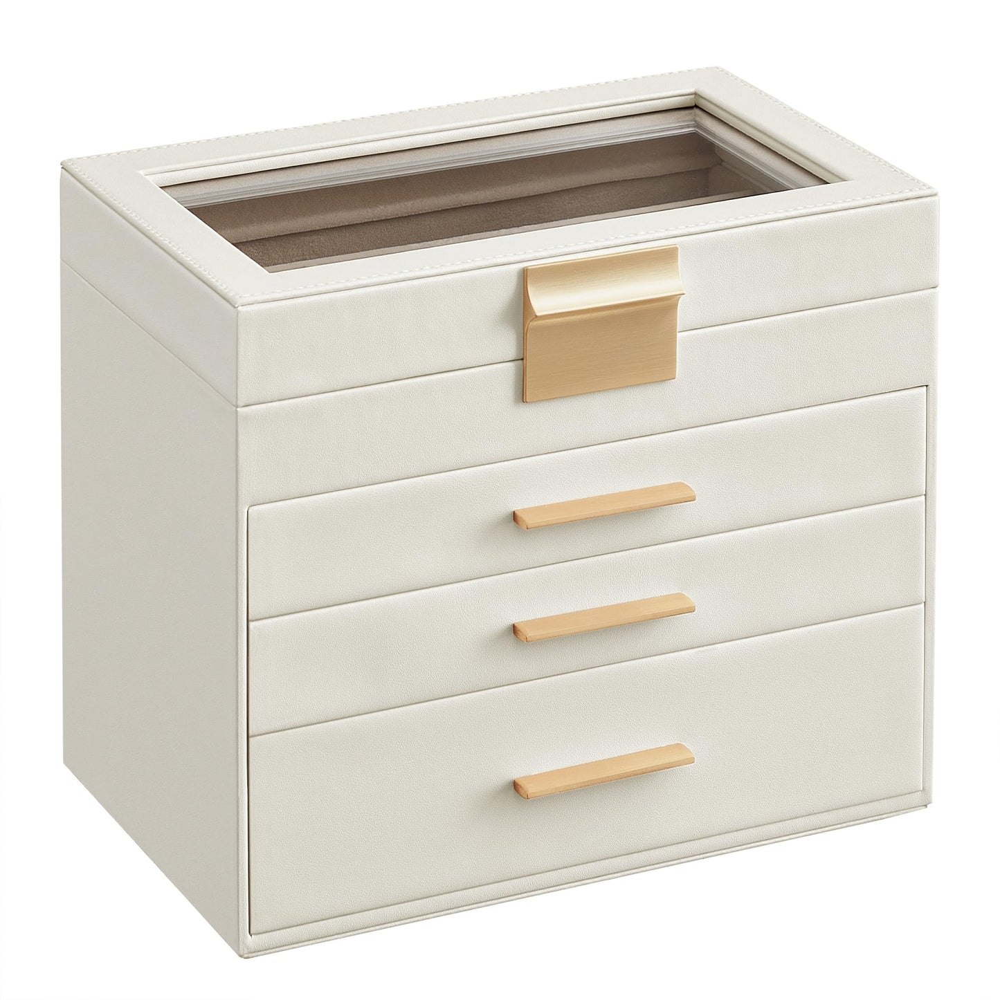 SONGMICS Jewelry Box Organizer with Glass Lid, 4-Layer Jewelry Storage, with 3 Drawers, Modern Style, 6 x 9.9 x 8.5 Inches, Cloud White and Gold…