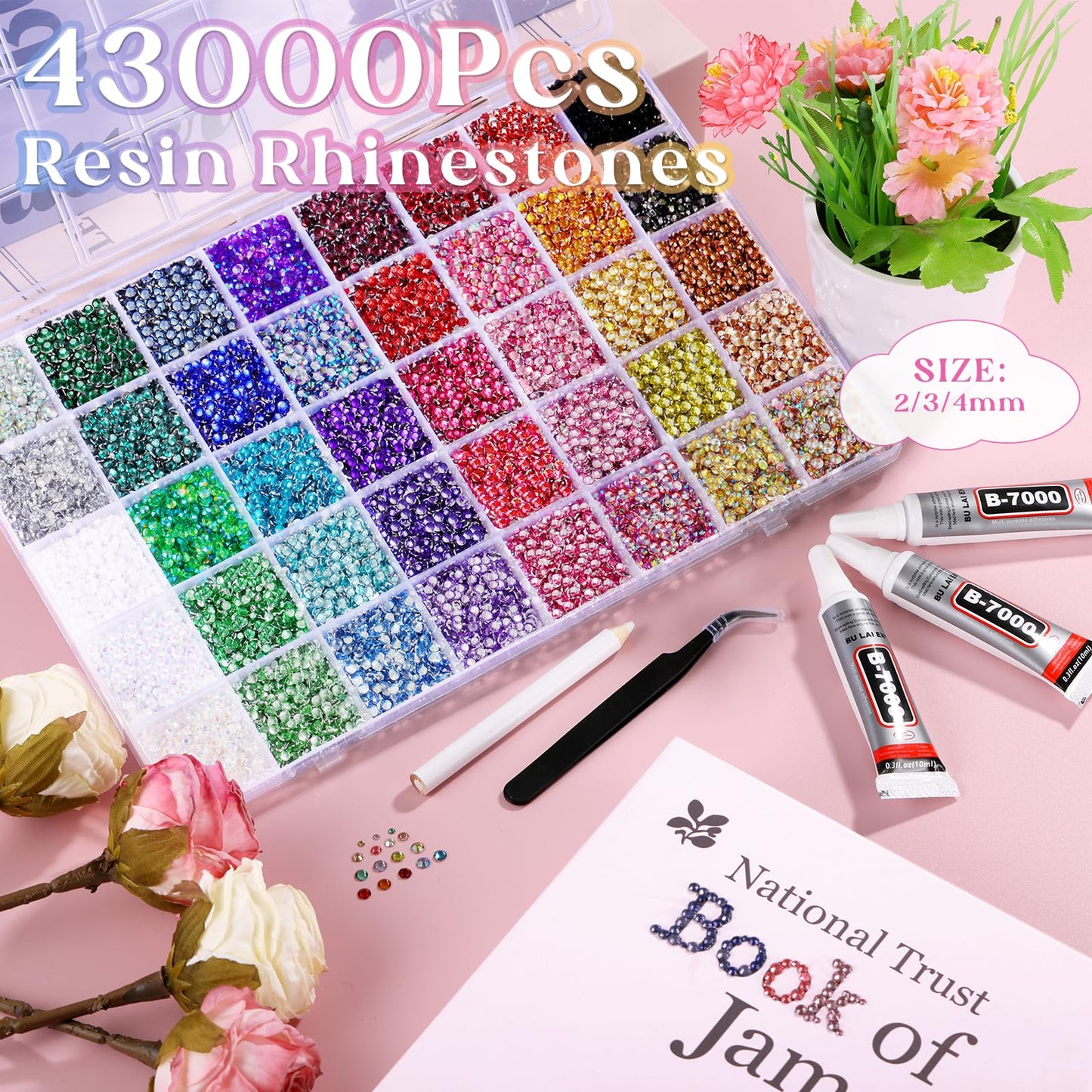 Zefy 43000 Pcs Resin Rhinestones for Bedazzling, 40 Colors 2/3/4 mm Bedazzling Kit for Crafting, Flatback Gems with 3Pcs B7000 Glue for Clothing Shoes Beauty and Personal Care Zefy