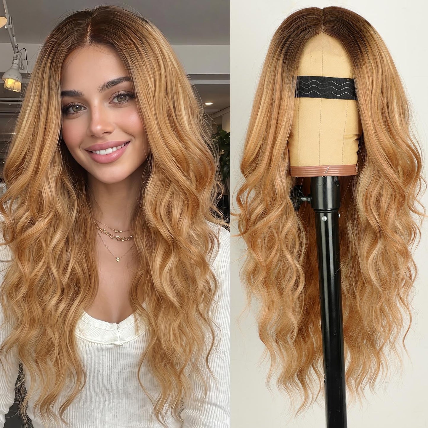 AISI HAIR Dark Root Honey Blonde Wavy Wig with Soft Pink Ends for Women, Long Wavy Lace Hairline Middle Part Synthetic Heat Resistant Wig for Daily Beauty and Personal Care AISI HAIR Default Title