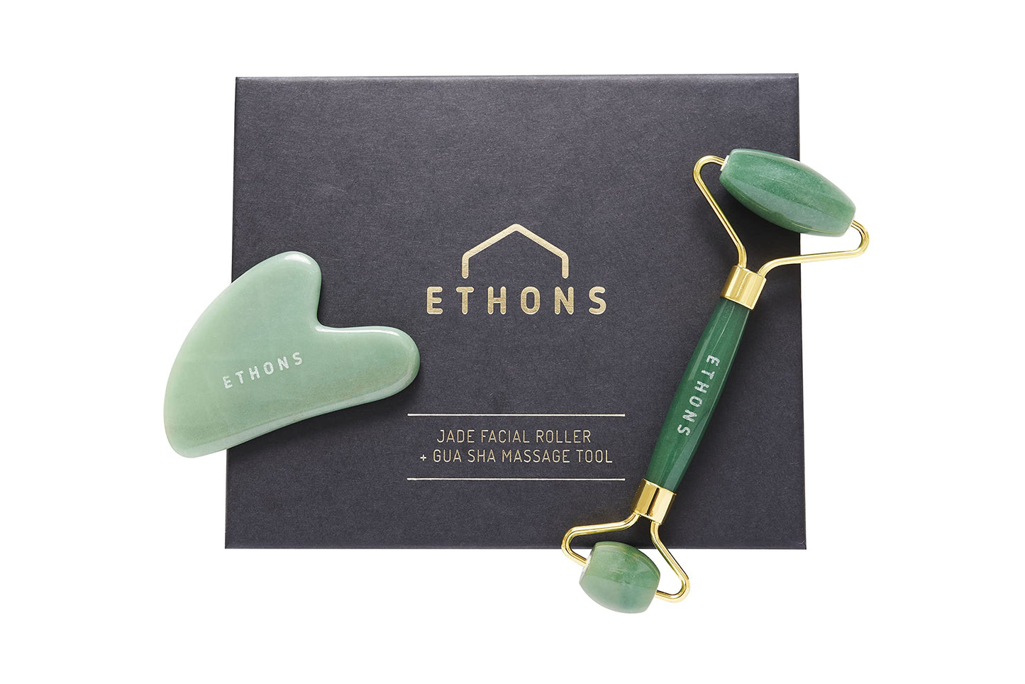ETHONS Jade Roller & Gua Sha 2 in 1 For Face - Premium Construction Face Massager - Skin Tightening De-Puff Face Scraper - Anti Aging - Relieves
