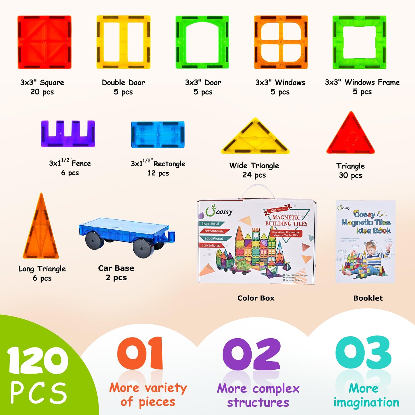 Cossy 120pcs Magnetic Tiles – 3D Building Blocks Construction Set with Strong Magnets, Educational STEM Toys for Kids Ages 3+