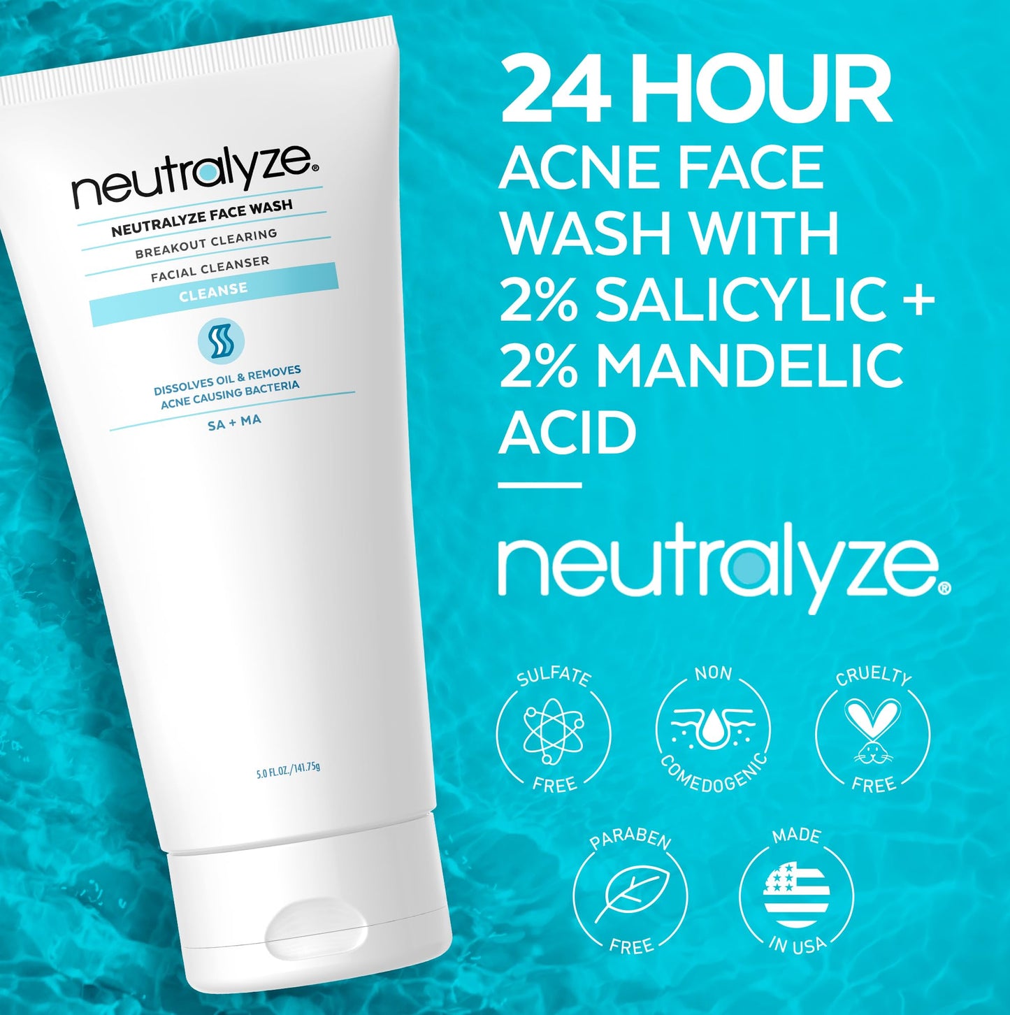 Neutralyze Acne Wash for Face with 2% Mandelic Acid & 2% Salicylic Acid - Professional Grade, A.H.A. + B.H.A. Facial Cleanser for Acne Prone Skin (90+