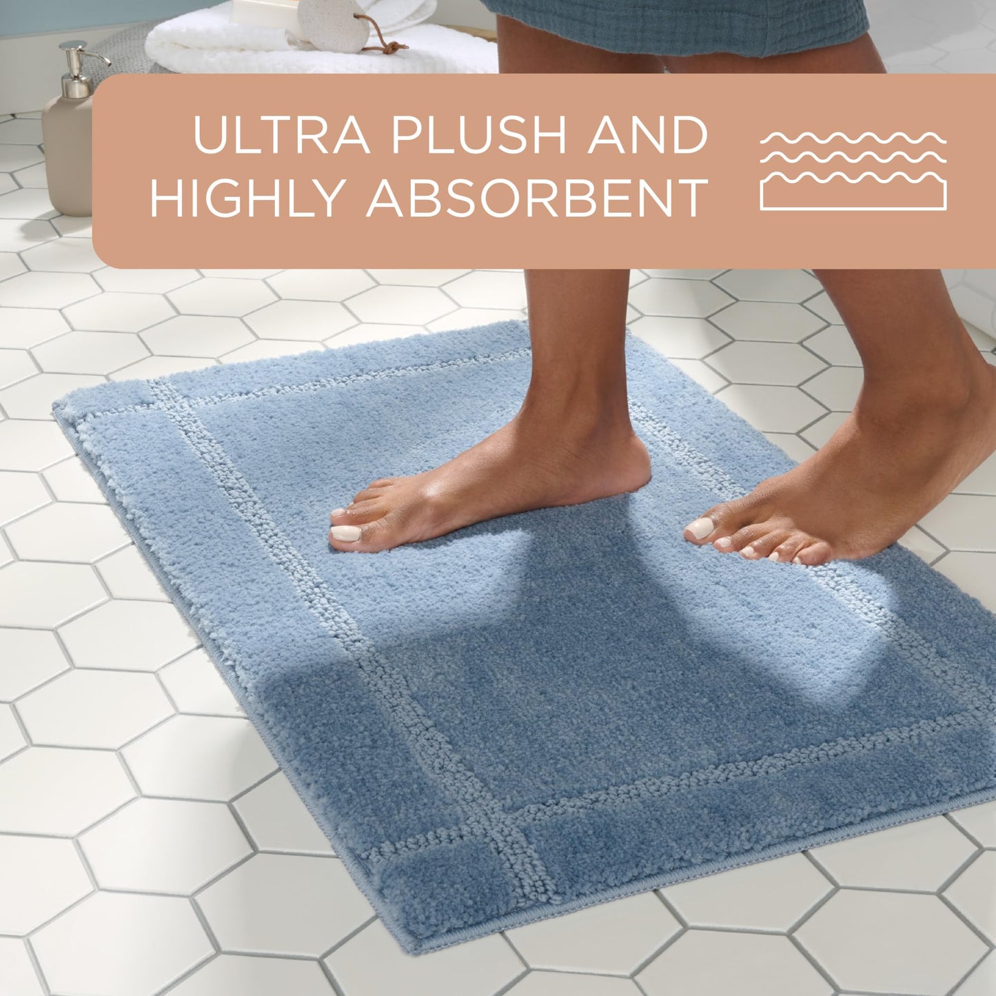 TOWN & COUNTRY EVERYDAY Ultra Plush Solid Tufted Border Bath Mat, Soft and Absorbent Tufted Floor Mat, Non-Slip Backing, Machine Washable, Blue…