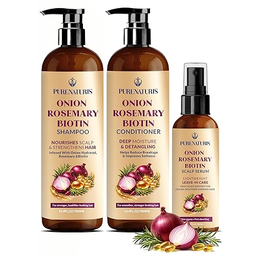 Onion Rosemary Biotin Hair Care Set - Sulfate Free Shampoo, Conditioner & Scalp Serum - Helps Strengthen Hair, Reduce Breakage & Support Fuller