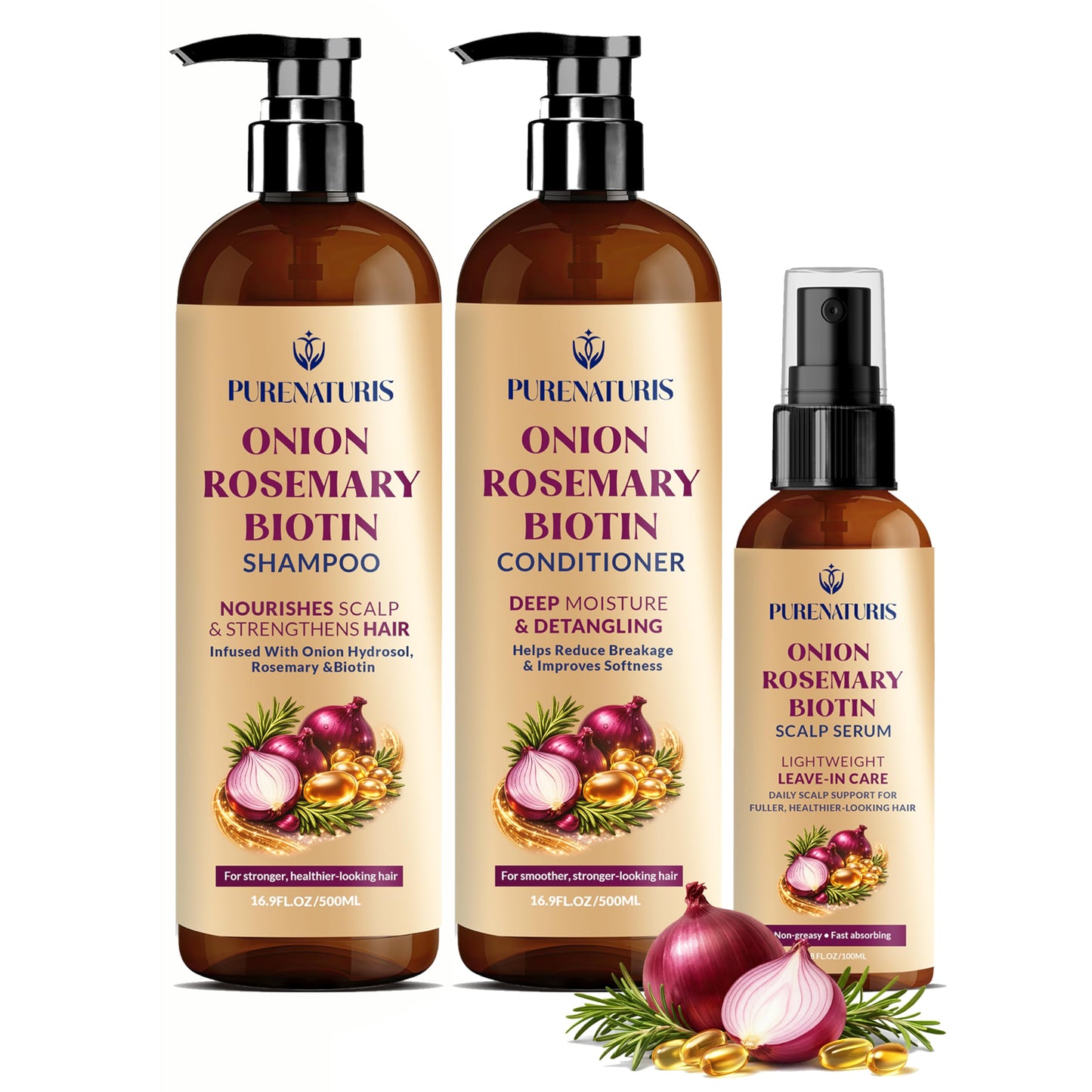 Onion Rosemary Biotin Hair Care Set - Sulfate Free Shampoo, Conditioner & Scalp Serum - Helps Strengthen Hair, Reduce Breakage & Support Fuller