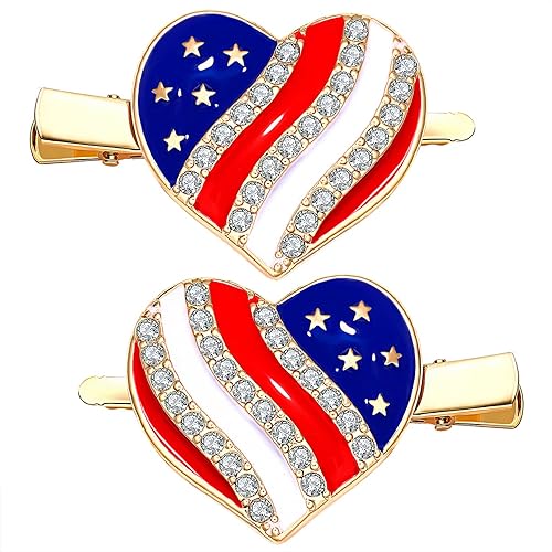 American Flag Hair Clips 4th of July Patriotic Hairpin for Women Rhinestone Heart Star Hair Barrettes Independence Day Hair Accessory Gifts