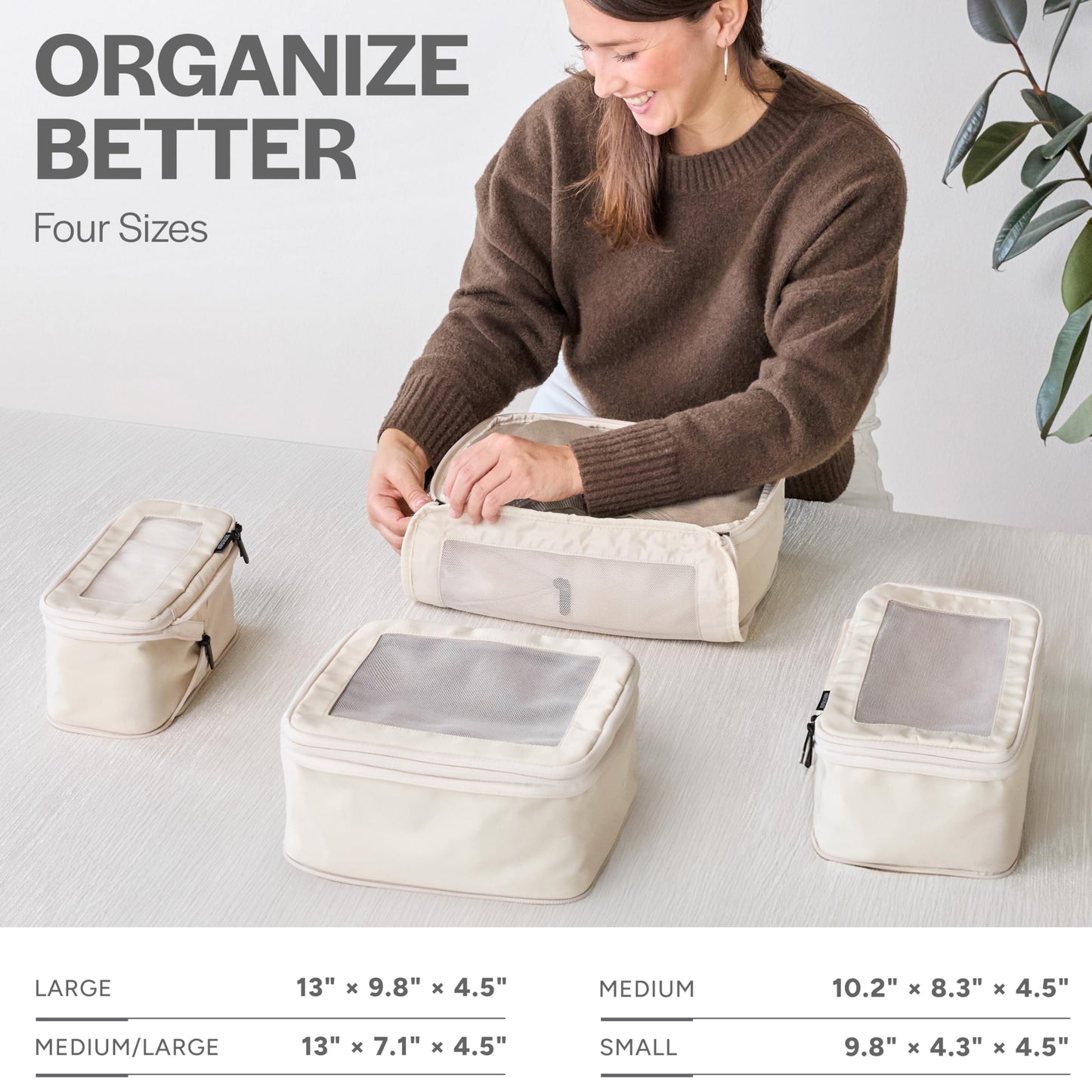 Aerotrunk Compression Packing Cubes 4-Pack – Double Zipper Luggage Organizer Bags for Travel Suitcases, Beige