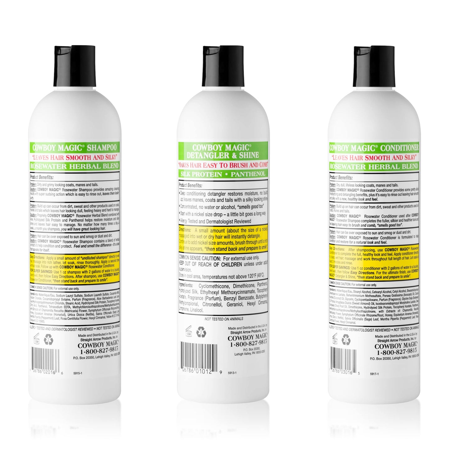 Cowboy Magic Shampoo + Conditioner + Detangler & Shine 16 Ounce each With Silk Panthenol and Honey Great For Horse, Humans, And Dogs Too Silky Coats