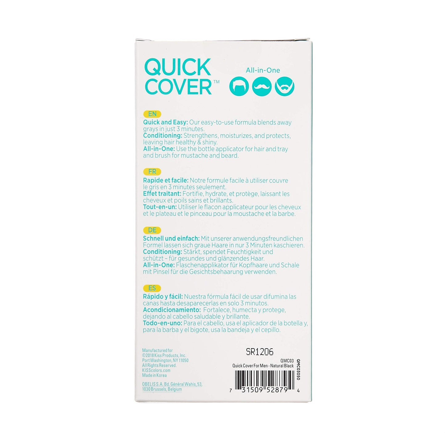 KISS Quick Cover for Men Permanent Hair Color Mustache Beard QMC (Natural Black)