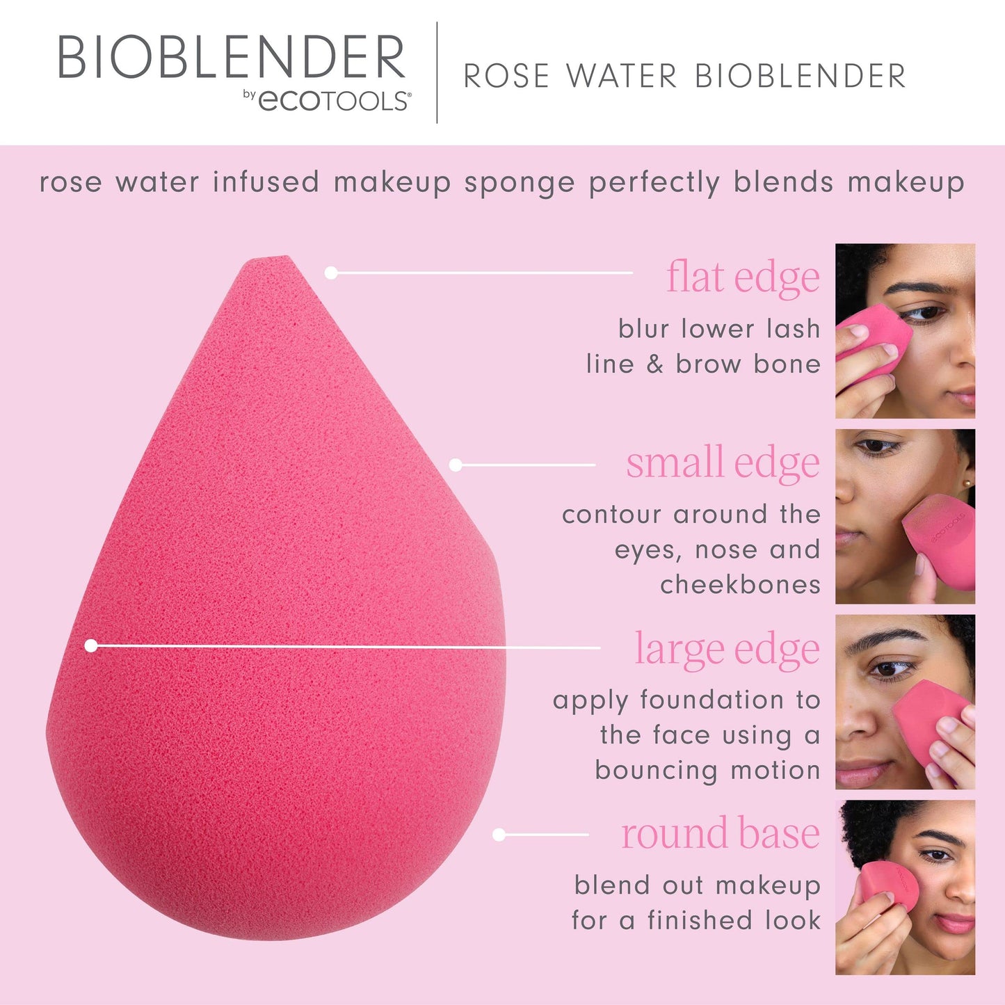 EcoTools Rose Water Bioblender, Compostable Makeup Blending Sponge, For Liquid & Cream Foundation, Base Coverage, Anti-inflammatory Ingredients, Pink