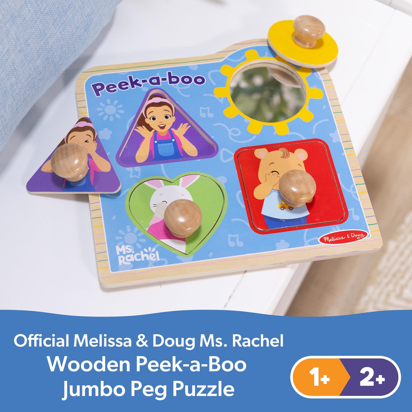 Melissa & Doug® Ms. Rachel™ Wooden Peek-a-Boo Jumbo Peg Puzzle, 4-Piece with Mirror, Toddler Toys for Boys and Girls Ages 1+ Years